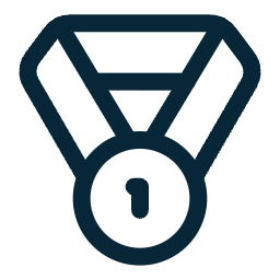 A medal with a ribbon and a circular center showing the number one.