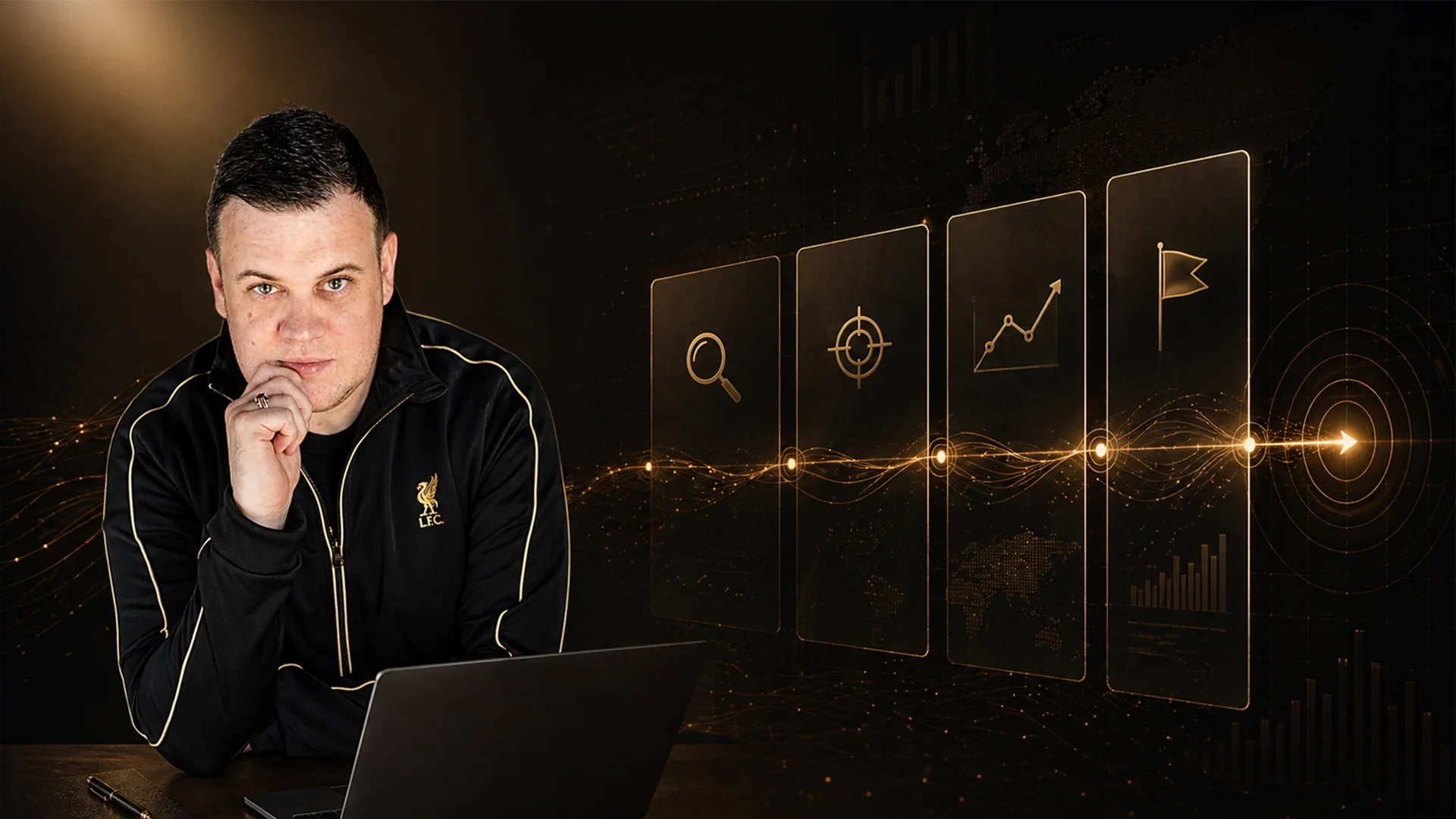 A man in a black Liverpool football jacket sitting at a desk with a laptop. Behind him is a digital background with icons and graphs representing data analysis and growth.