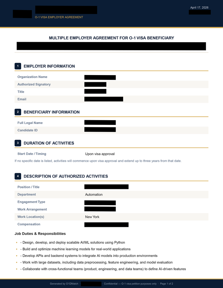 Sample USCIS-ready O-1B interest letter on U.S. employer letterhead