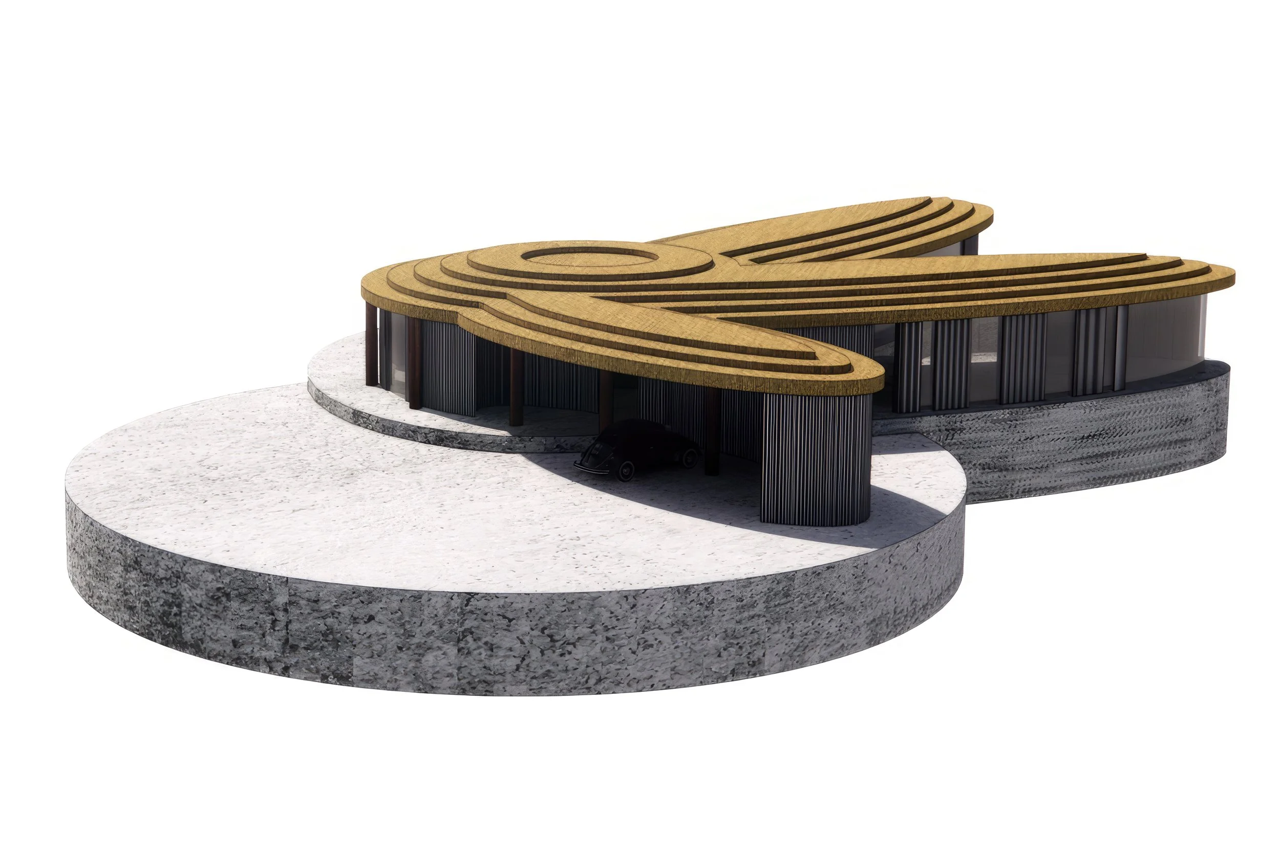 Architectural model of a modern building with a curved structure featuring a layered wooden roof, supported by dark vertical columns, and a small black car parked underneath on a circular gray base.