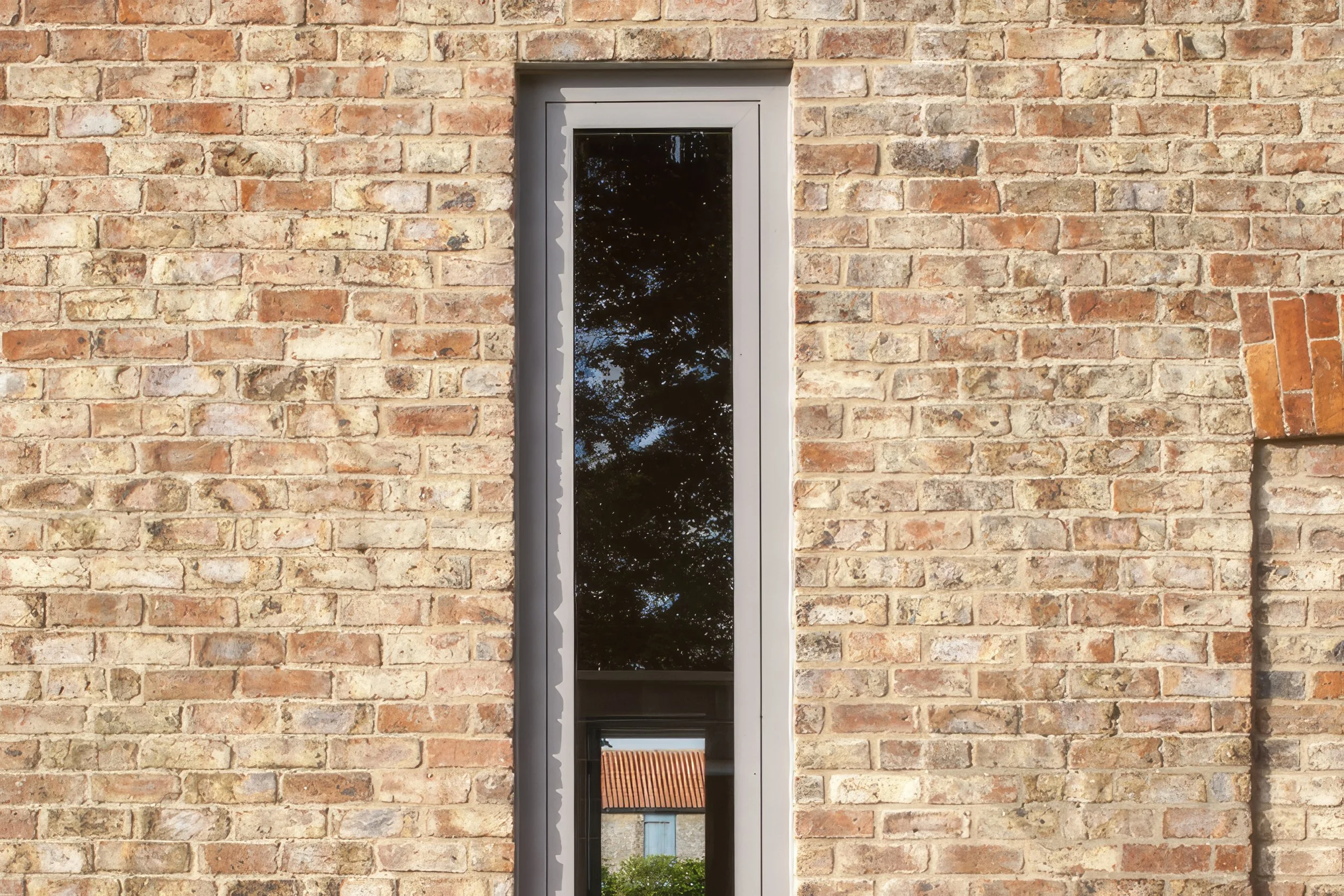 Brick wall with a tall, narrow window reflecting trees and the sky.