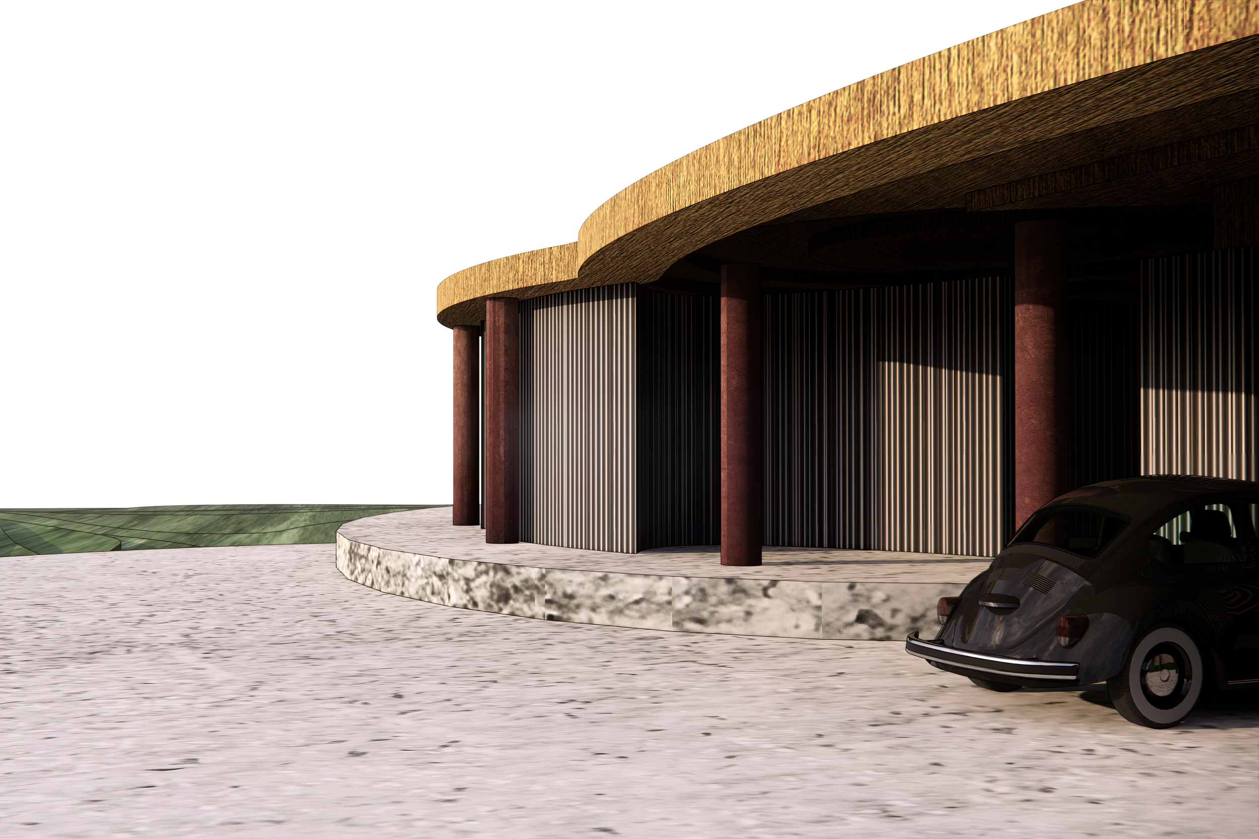 Modern building with curved roof, wooden and metallic vertical panels, red columns, and a vintage black car parked outside.