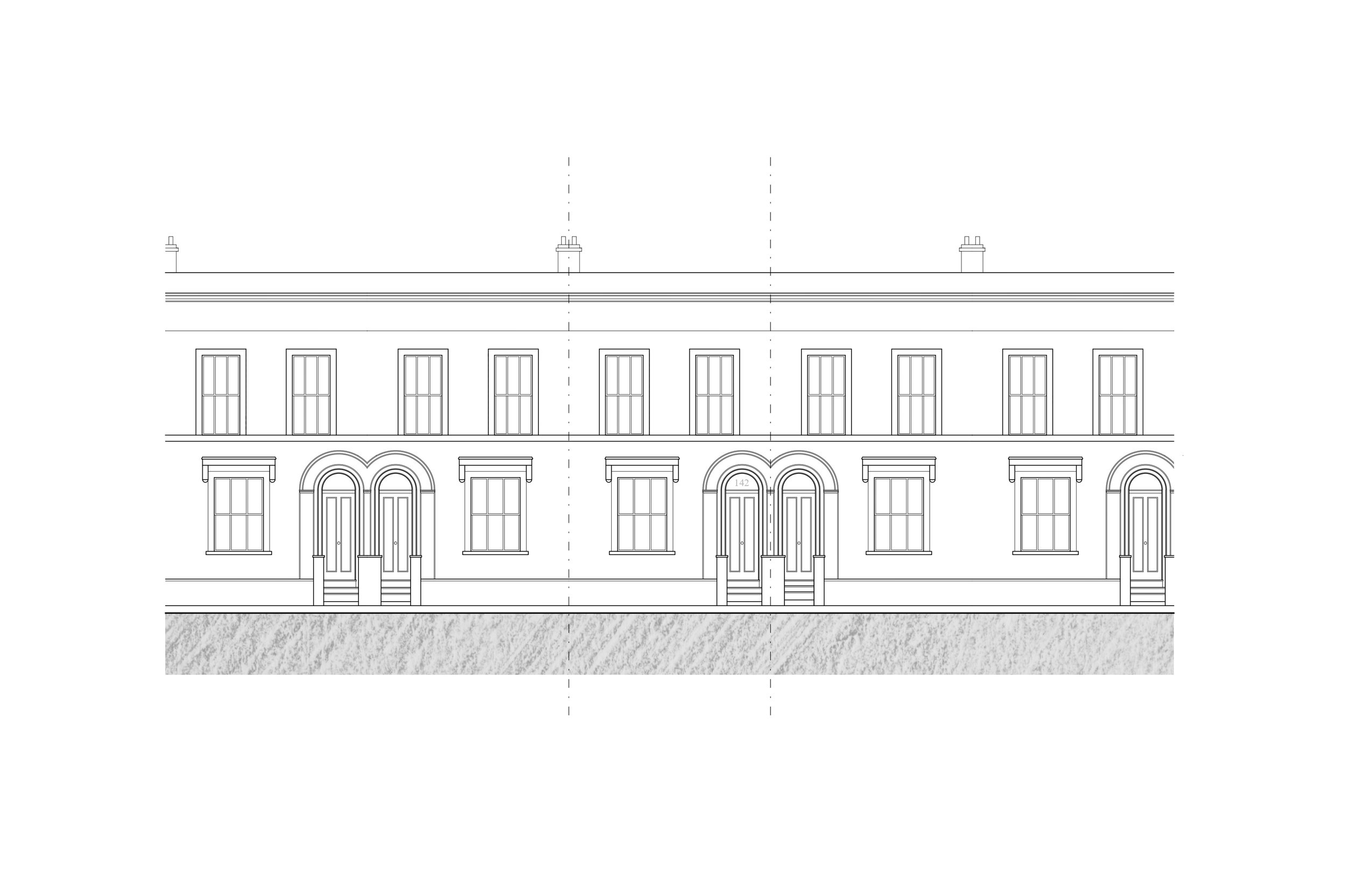 Line drawing of a multi-story residential building with symmetrical windows and doors, decorative arches over some entrances, steps leading up to the doors, and a textured base at the bottom.
