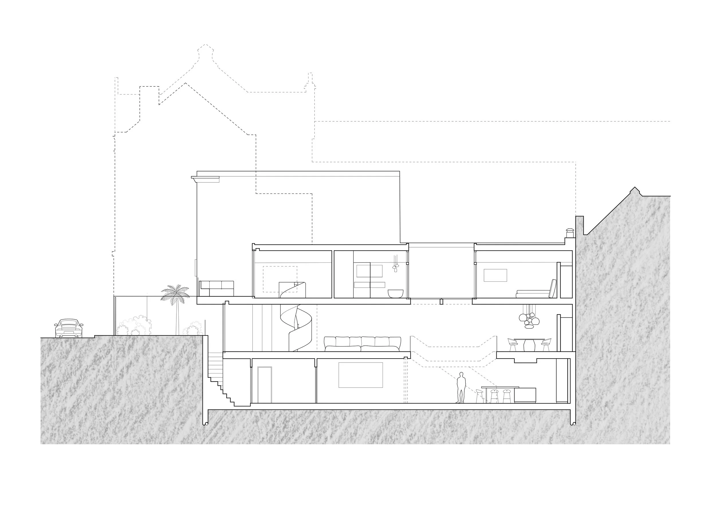 Architectural section drawing of a multi-story house showing interior rooms, staircase, furniture, and exterior landscape with cars and trees.