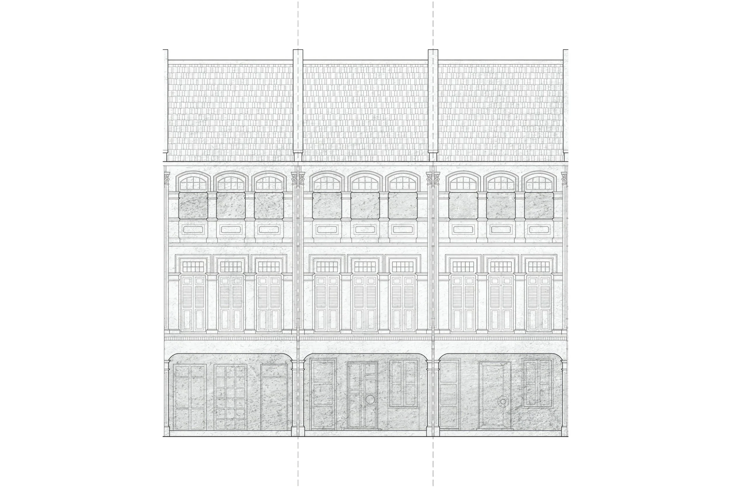 Line drawing of a three-story building with a tiled roof, arched upper windows, shuttered middle windows, and ground floor storefronts with doors and display windows.