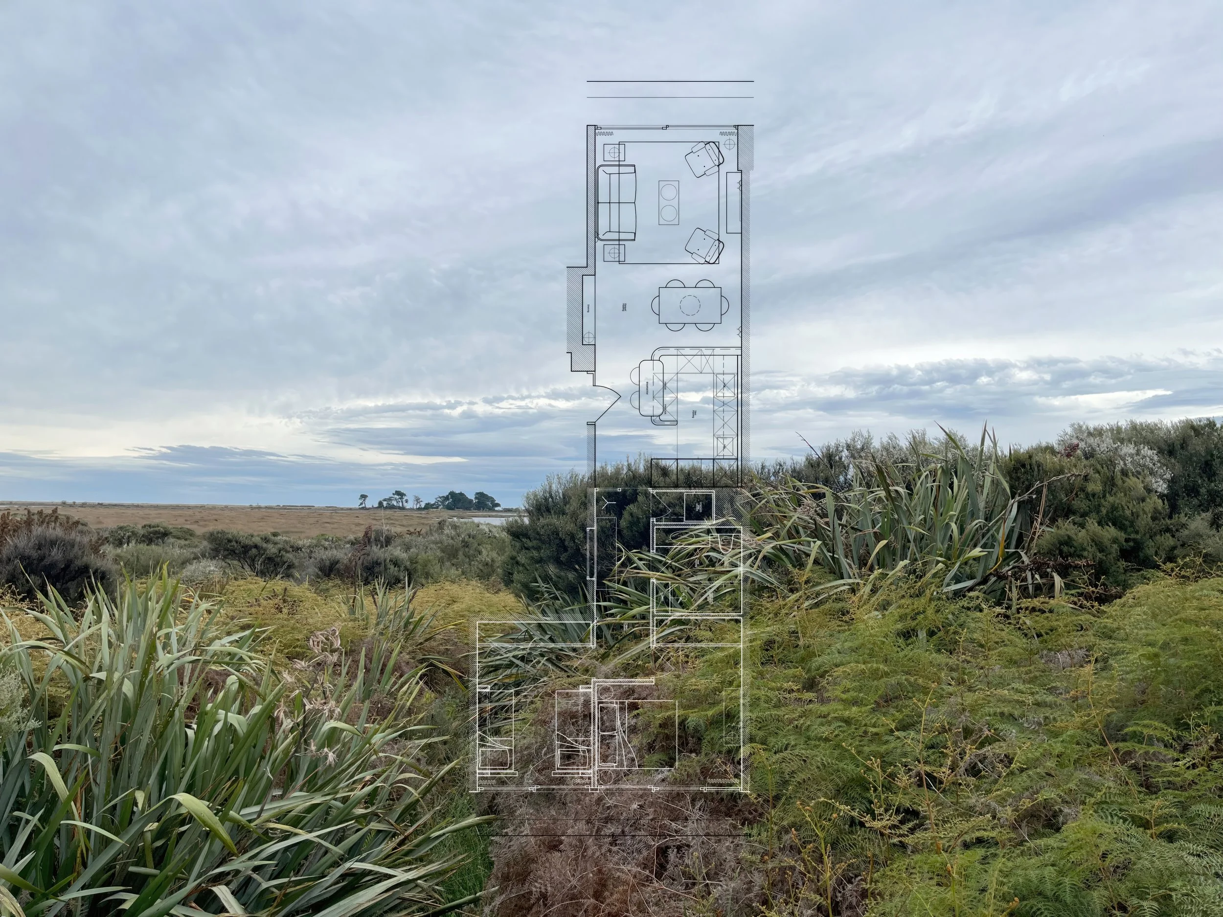 Overgrown natural landscape with plants and bushes, with a superimposed floor plan outline in the sky.