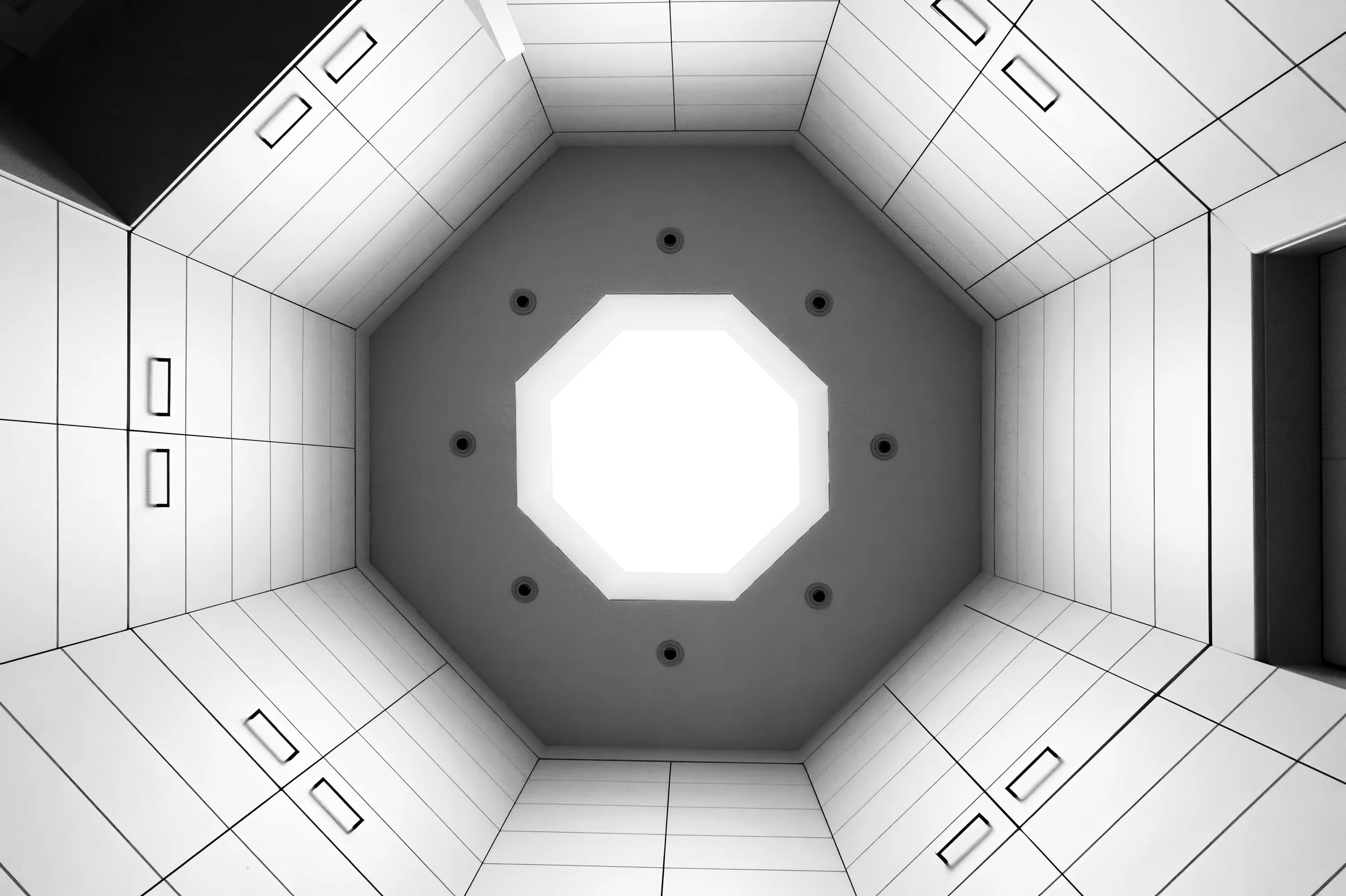 Ceiling view of a modern, geometric room with white panels, black handles, and an octagonal skylight in the center.