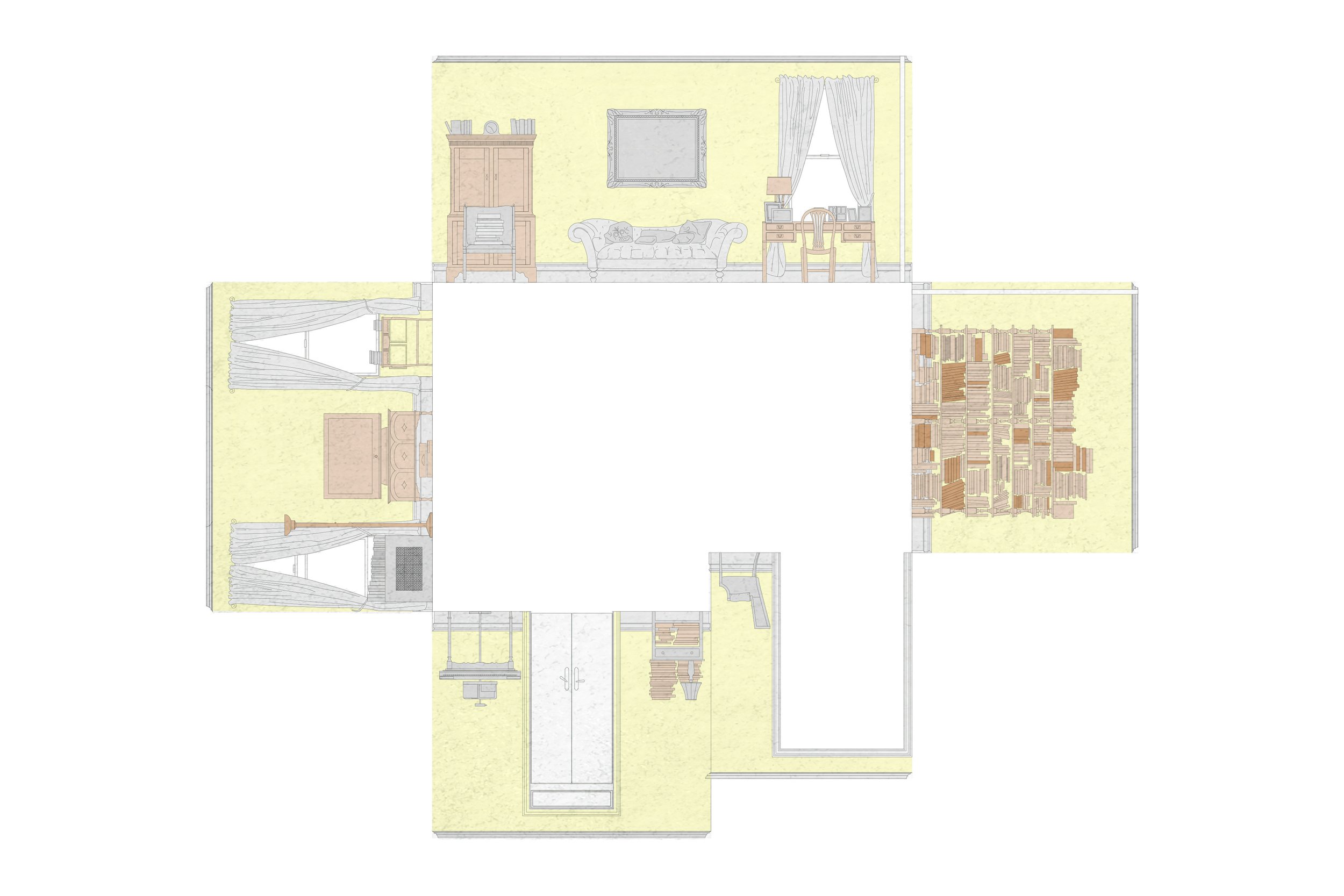 Floor plan of a house with multiple rooms including a living room with a couch and mirror, a bedroom with a bed, a study with a desk and chair, and a large room with a bookshelf.