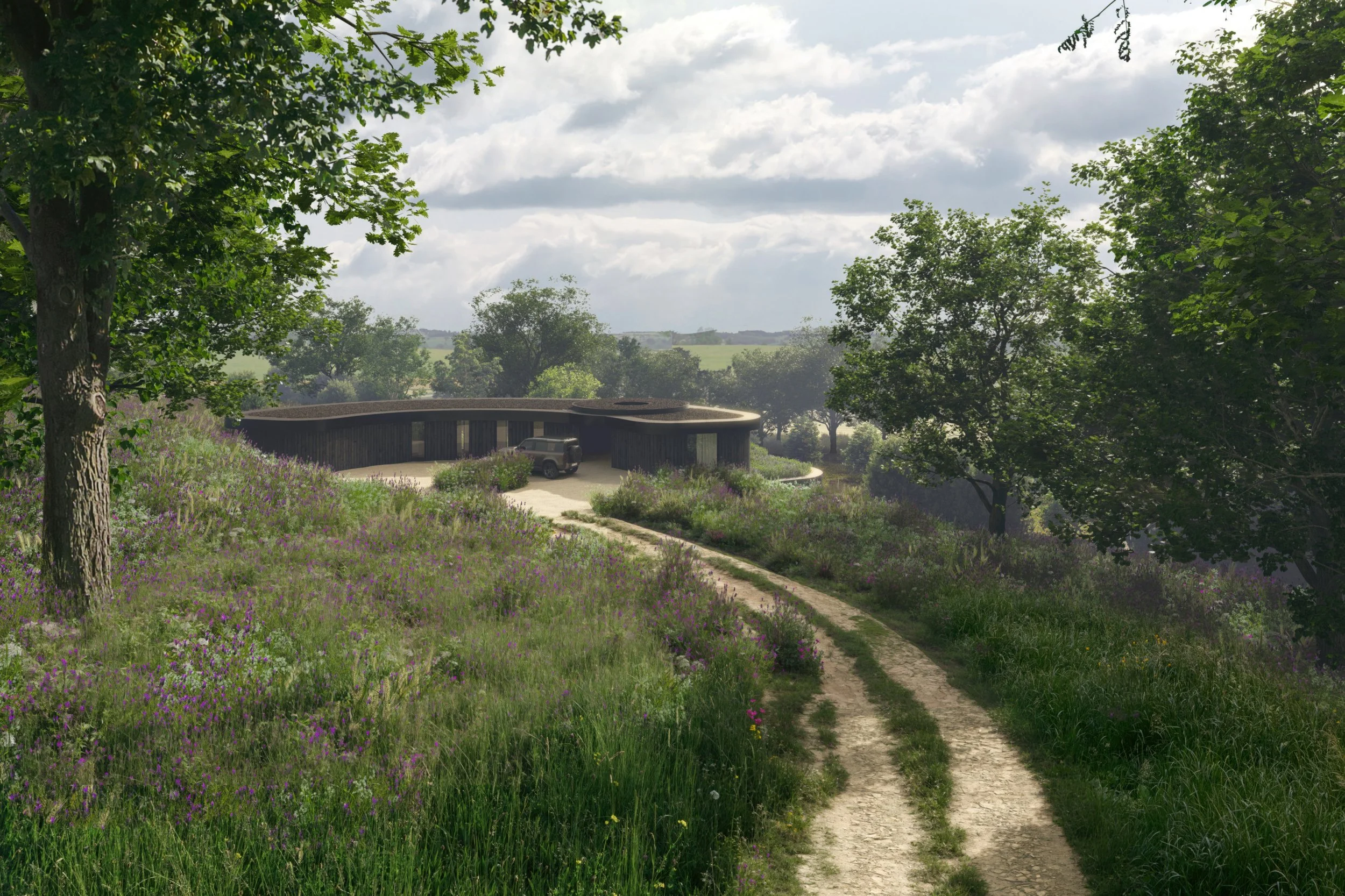 Bowhill House, North Yorkshire — CGI of the approach track through open meadow landscape