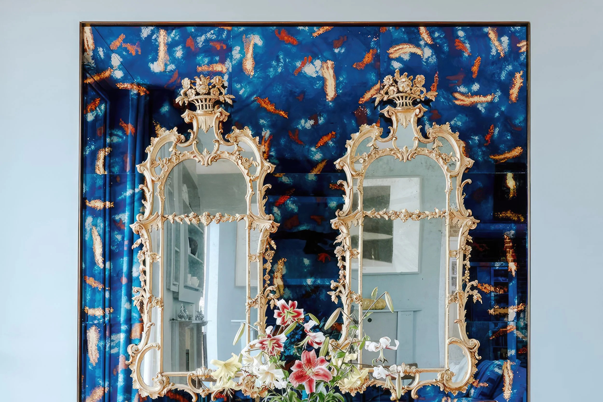 Cunelands, North Yorkshire — detail of bespoke mirror mounting within ornate tiled wall