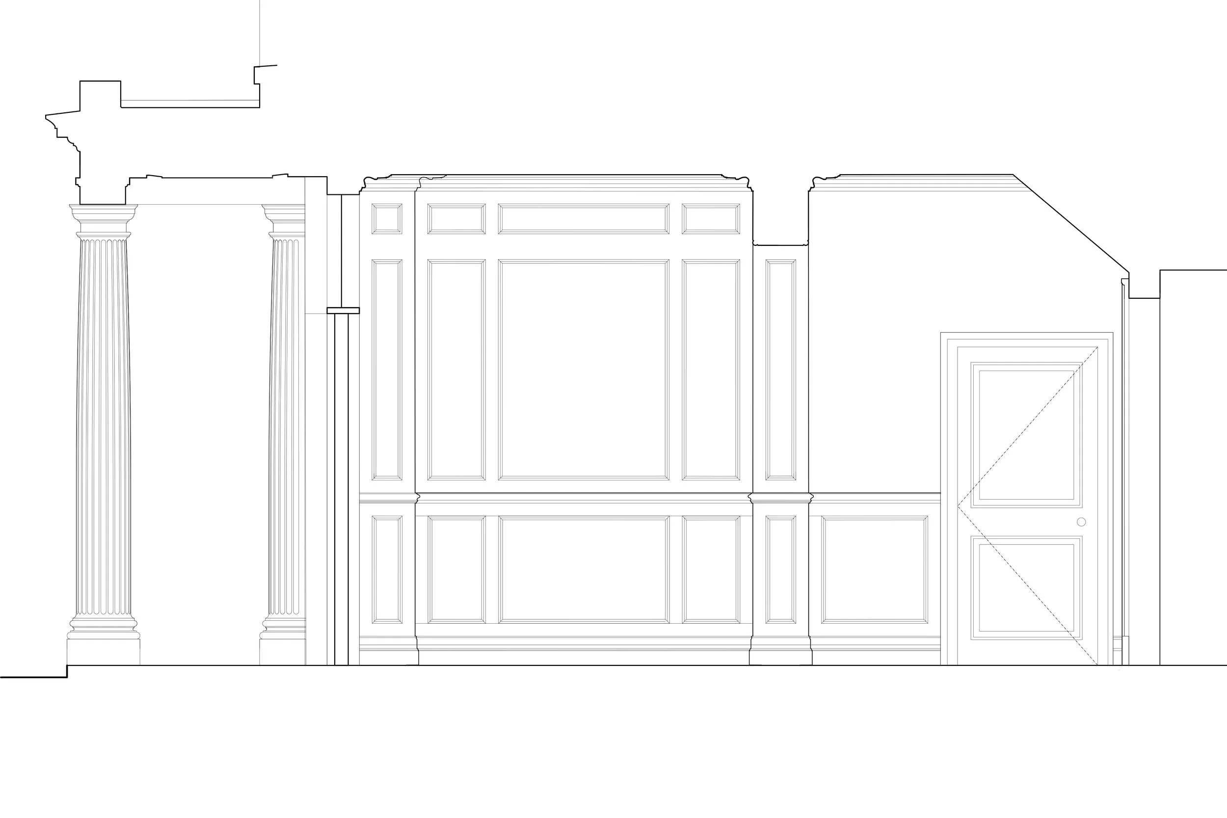Architectural line drawing of a building facade featuring two large columns with fluted designs, intricate moldings, and decorative paneling, with a door on the right side.