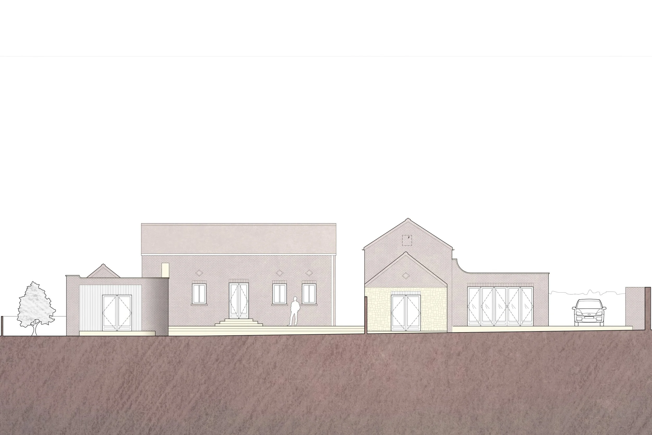 Architectural elevation drawing of a residential building with multiple sections, steps leading to door, trees, and a car.