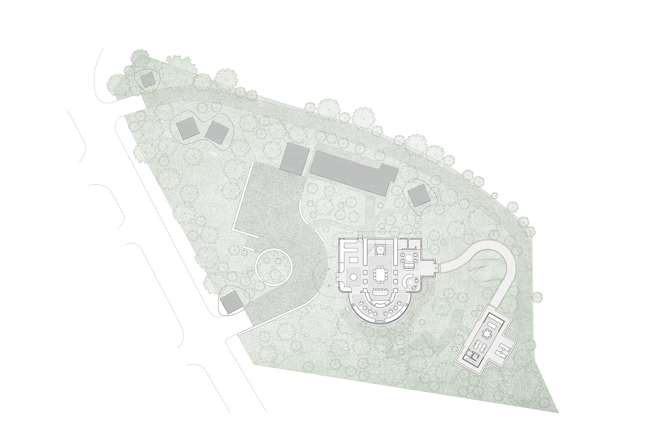 Architectural site plan of a house with surrounding landscape, trees, and outdoor structures viewed from above.