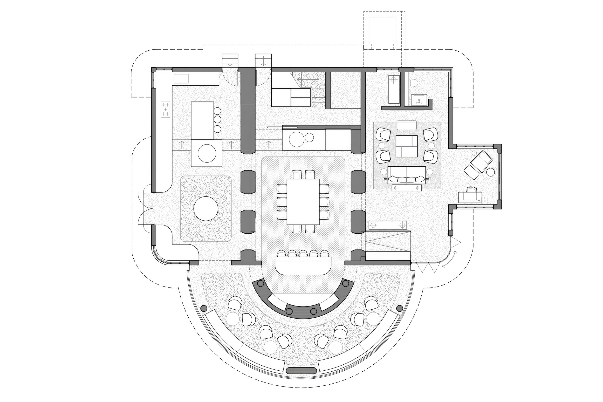 Architectural floor plan of a house showing living room, dining area, kitchen, bedrooms, bathrooms, and outdoor patio with furniture.