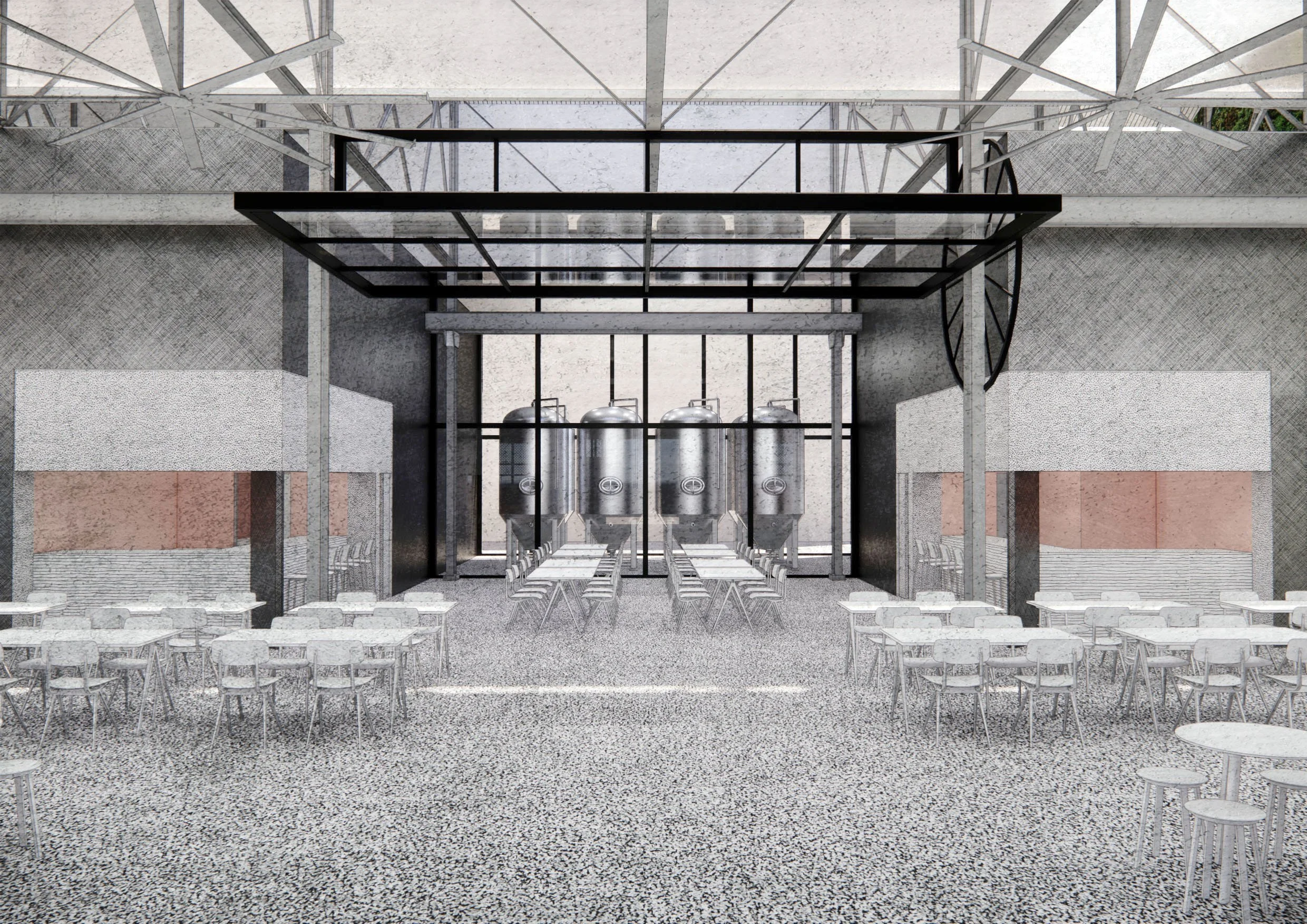 A modern indoor space with dining tables and chairs, industrial design elements, and four large metallic tanks at the far end, surrounded by a netted black frame overhead.