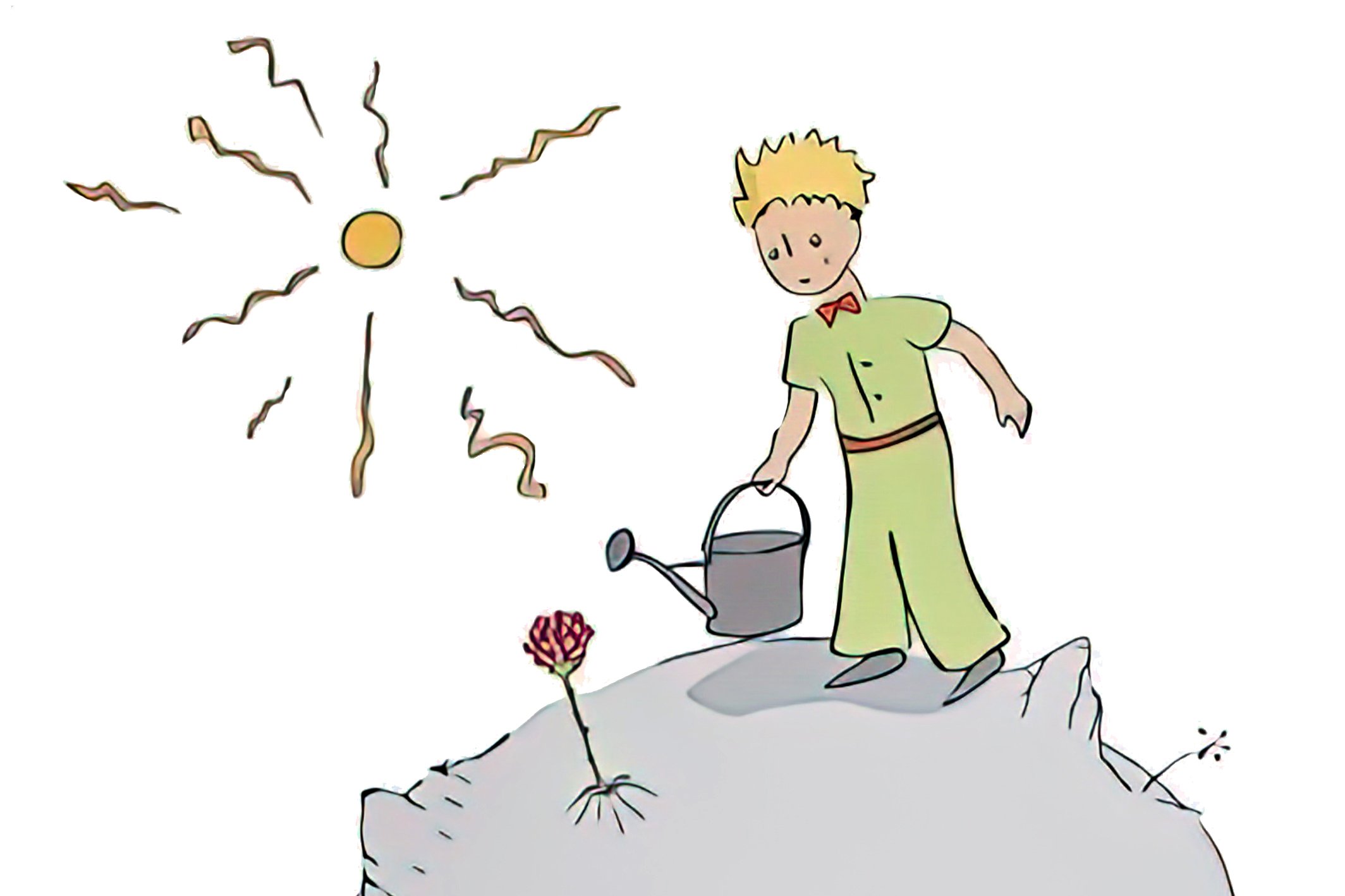A child standing on a rocky cliff holding a watering can, watering a small plant, with a bright sun and rays shining in the sky.