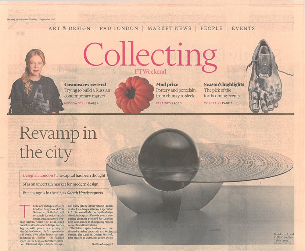 A newspaper page titled "Collecting FTWeekend" with headlines about art and design, market news, and people. There are images of a woman, a red organic object, a shoe, and a spherical sculpture with concentric rings.