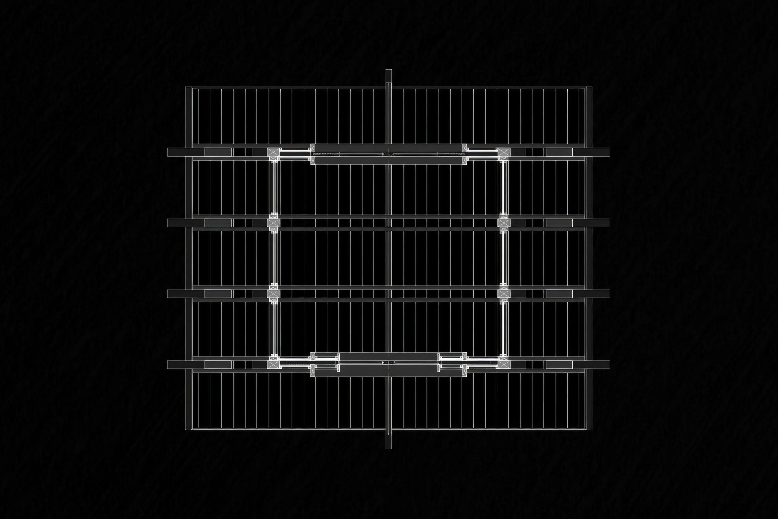 Architectural blueprint of a multi-story building showing structural framework and floor levels.