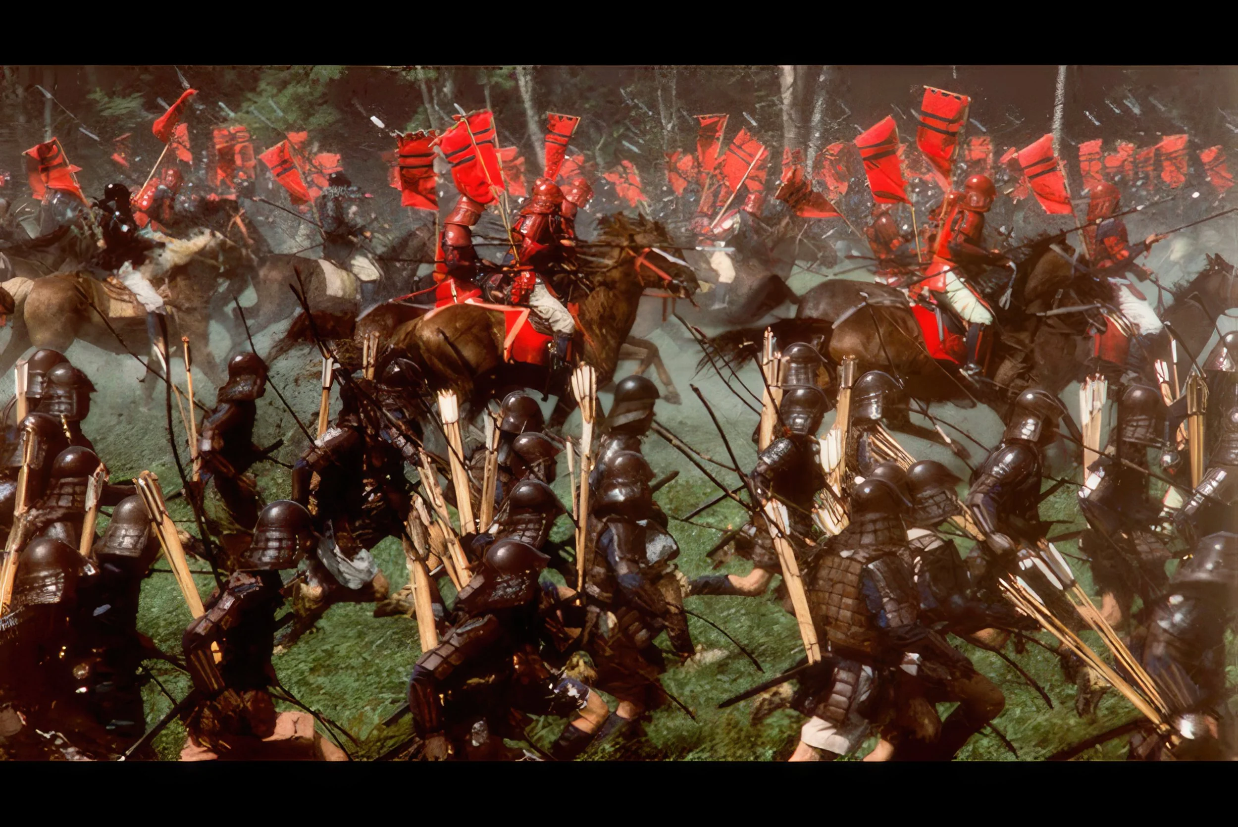A battle scene with soldiers on foot in black armor facing soldiers on horseback in red uniforms and armor, amid smoke and chaos.