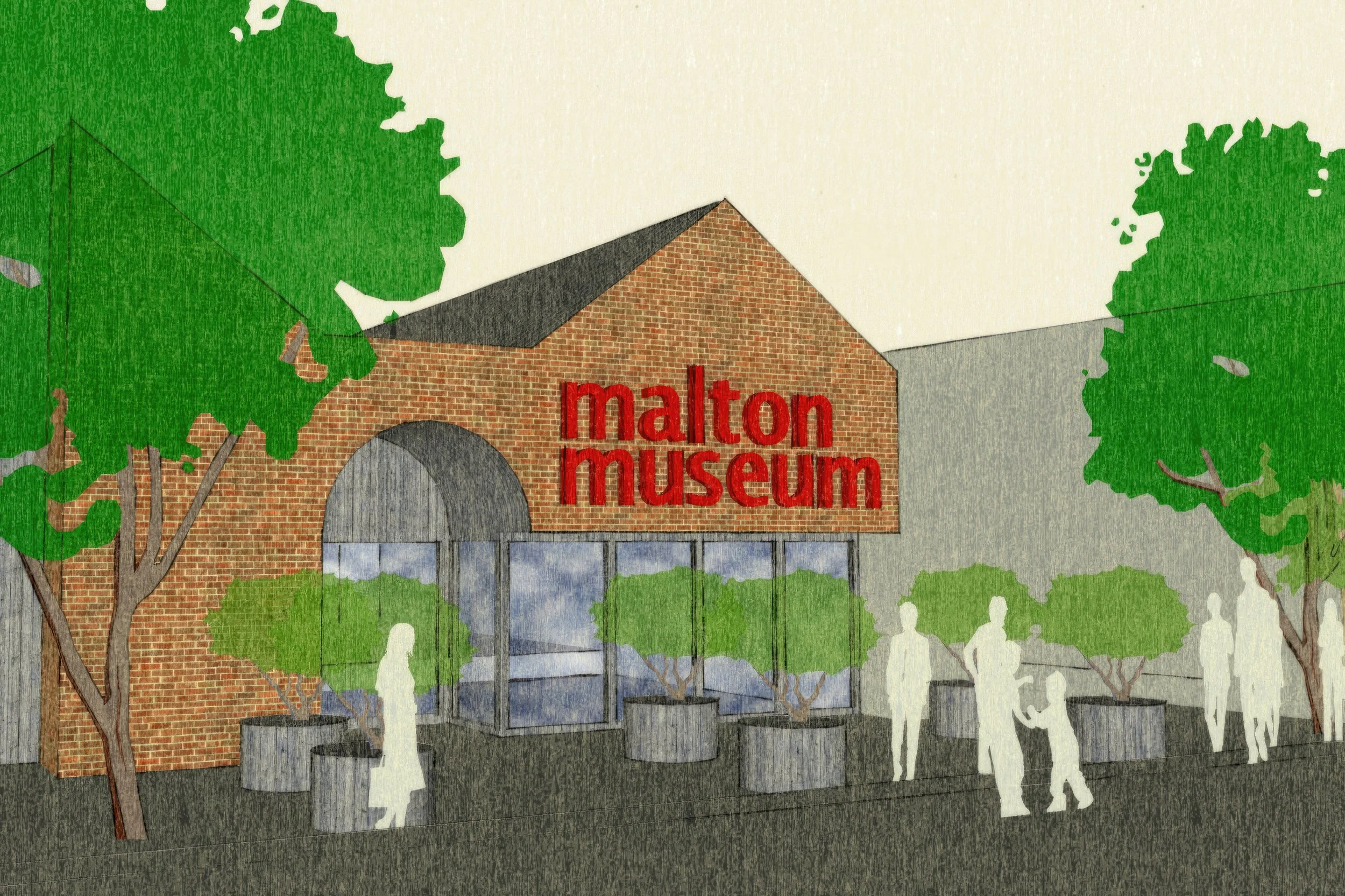 Illustration of the Malton Museum building with trees and people outside