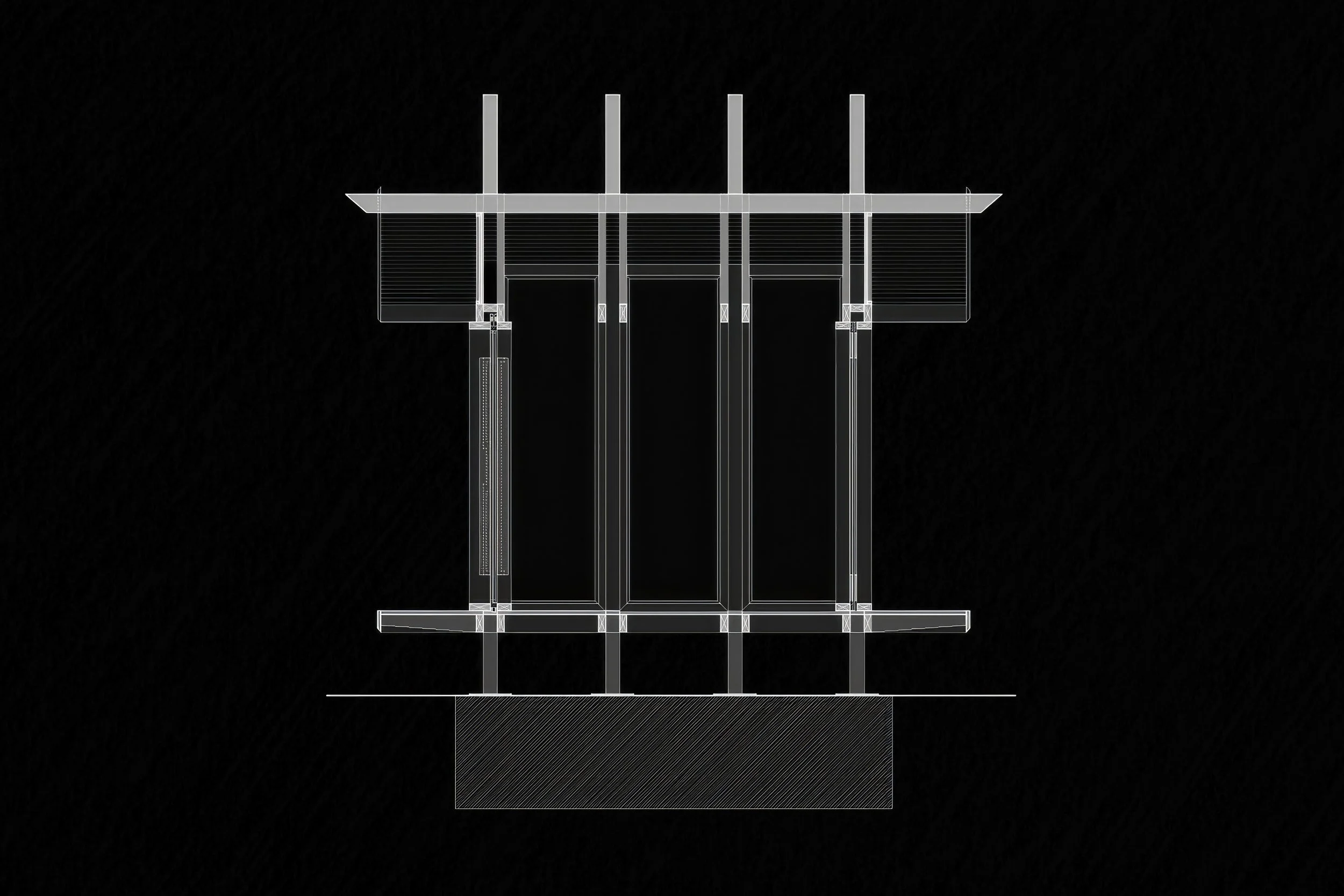 Architectural blueprint of a building cross-section with structural details on a black background.