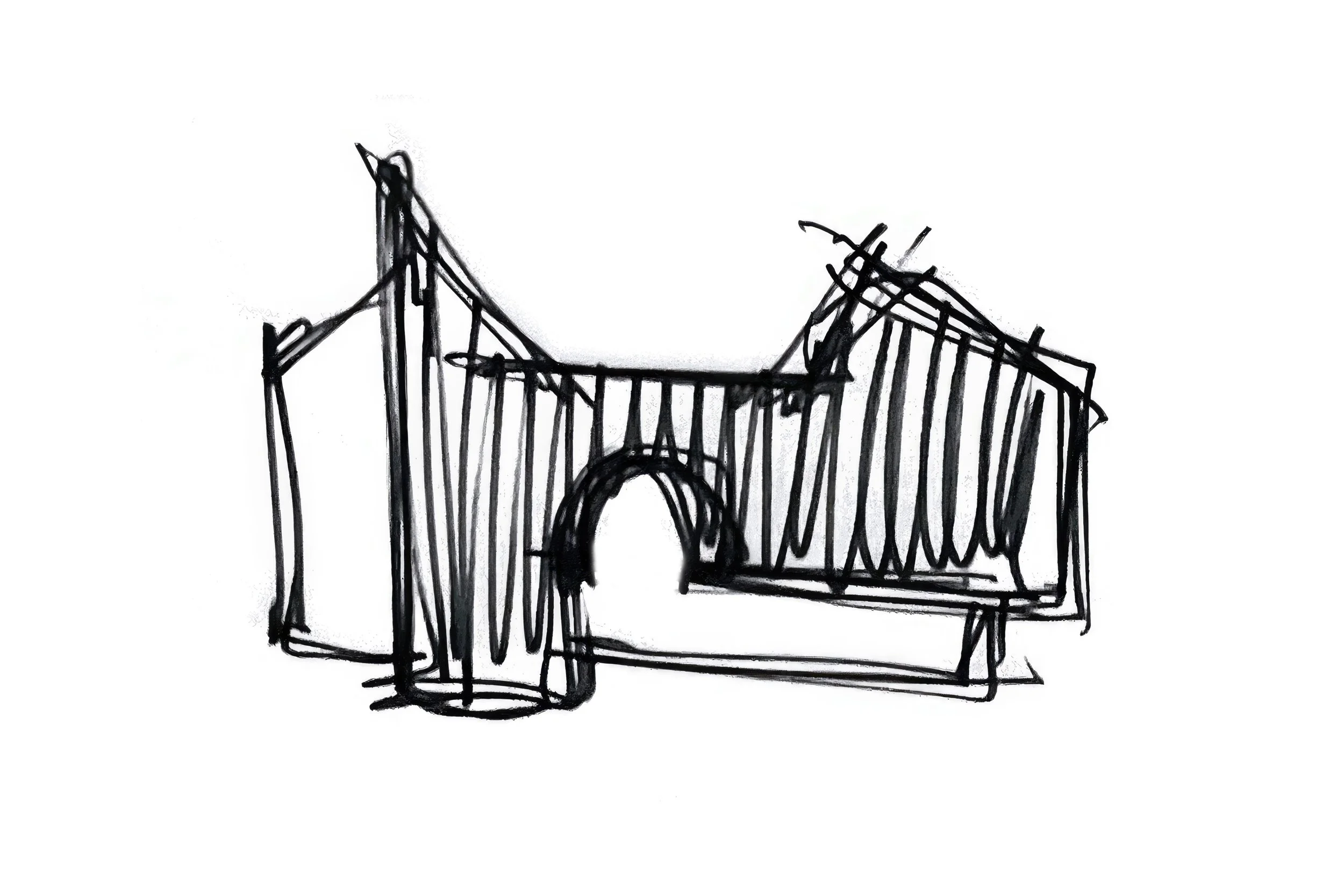 Black and white sketch of a bridge with an arch and tall support towers.