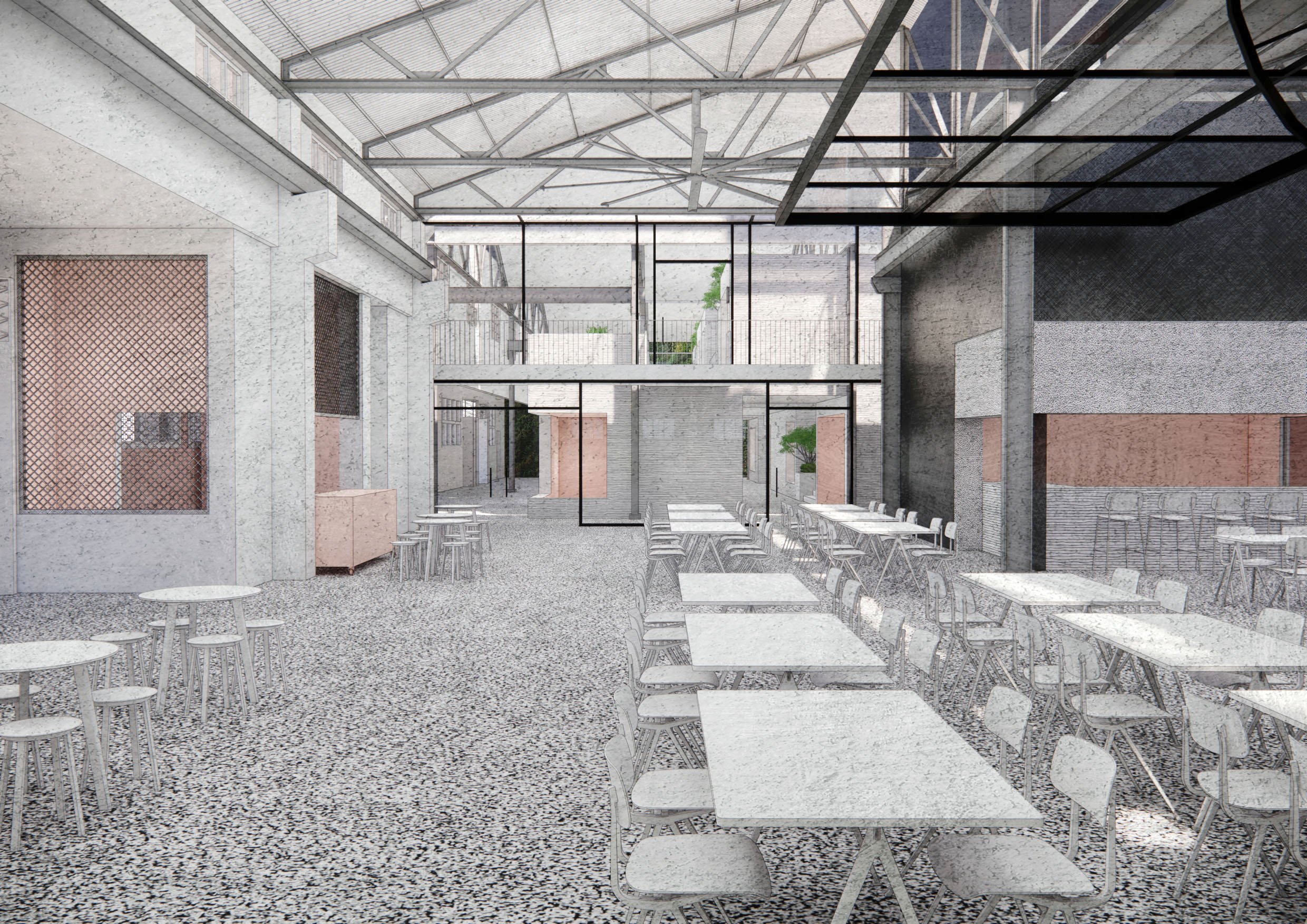 Interior view of a modern dining area with multiple tables and chairs, terrazzo flooring, concrete walls, and glass structural elements, with outdoor greenery visible through the windows.