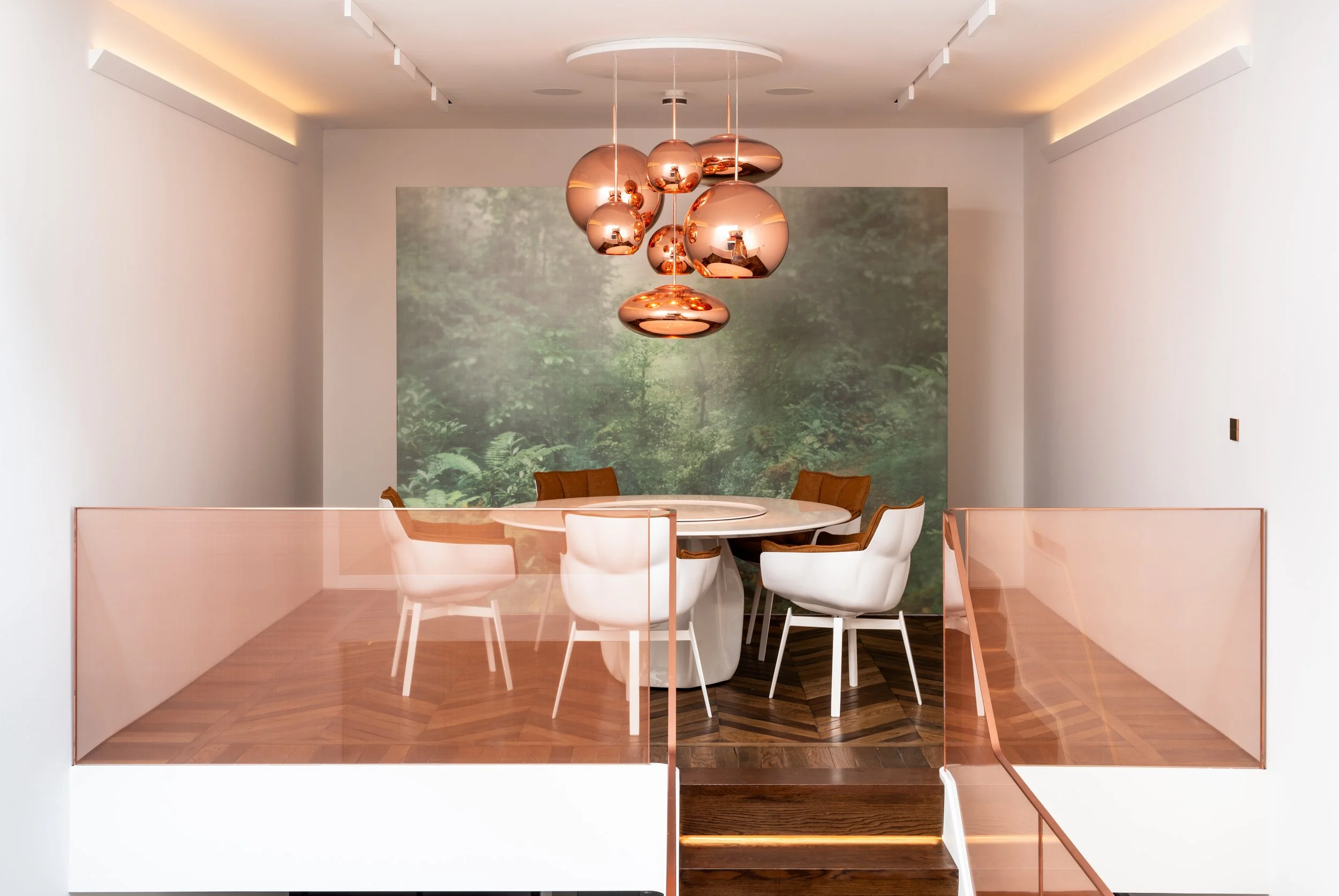 Park Street, Chelsea, London — dining room with pendant lighting and mural wallpaper