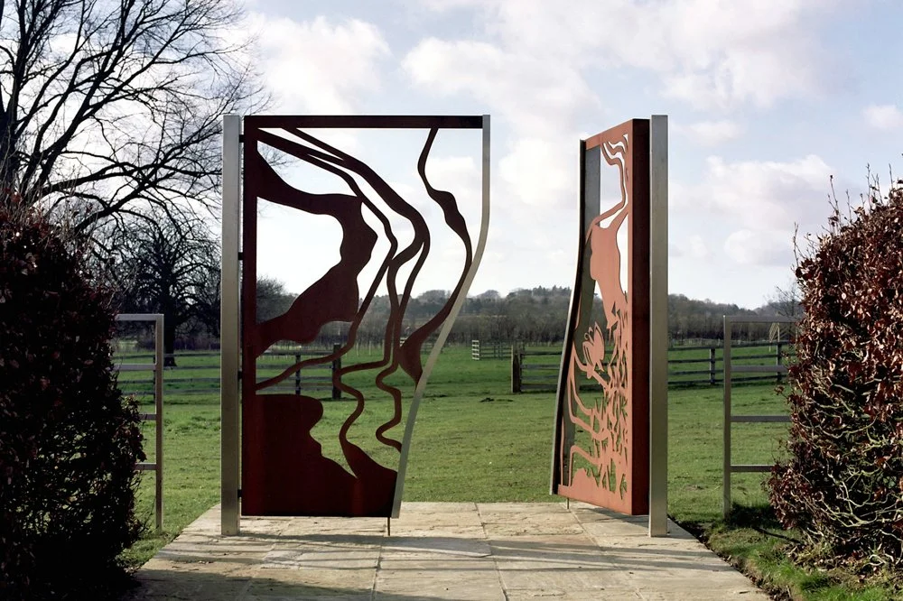 Cunelands, North Yorkshire — bespoke corten steel garden gate with figurative cut-out detail
