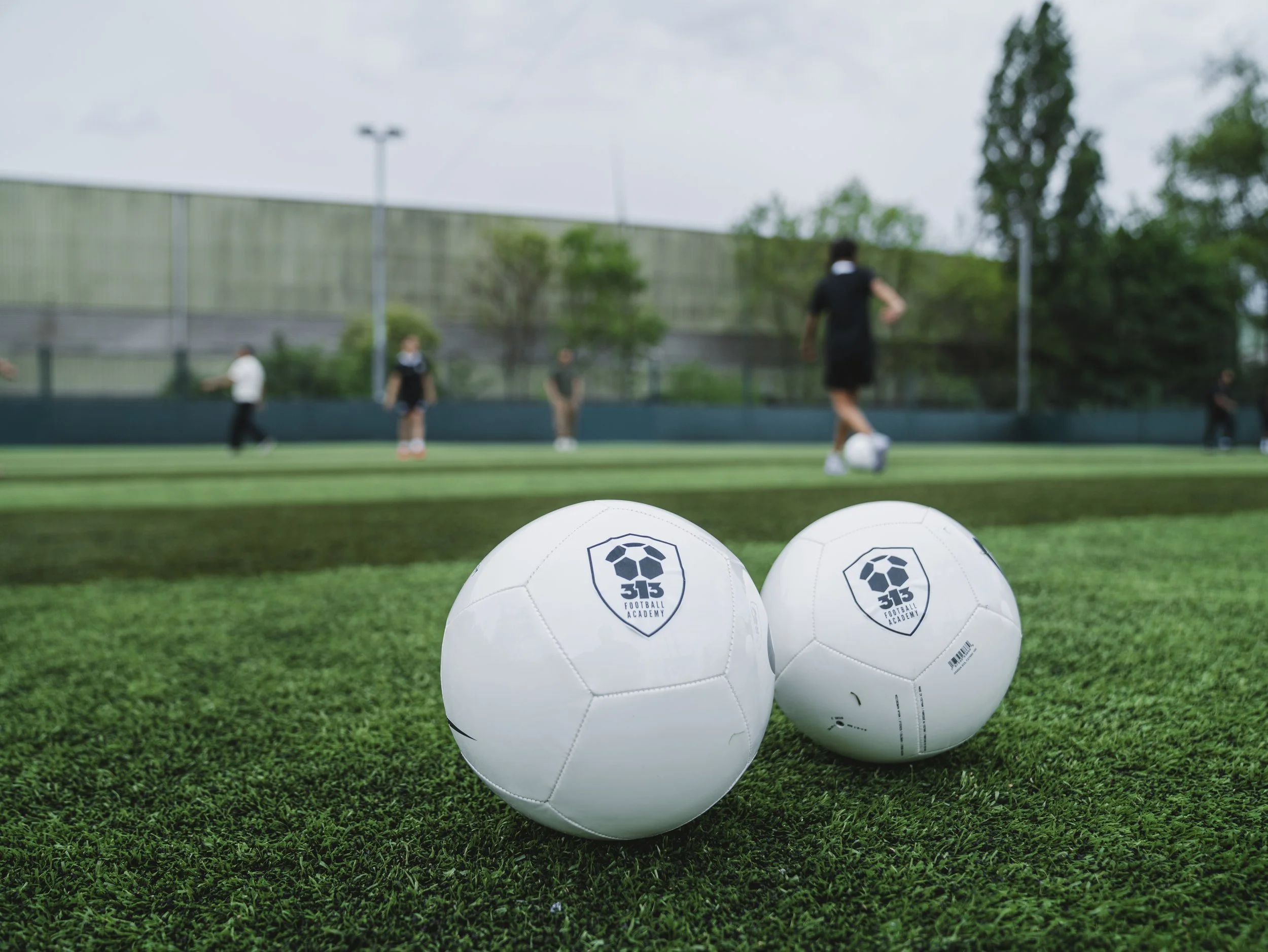 Multiple white soccer balls with logo reading '313 Football Academy' on a green grass field, with a blurred background of people on the field and trees.