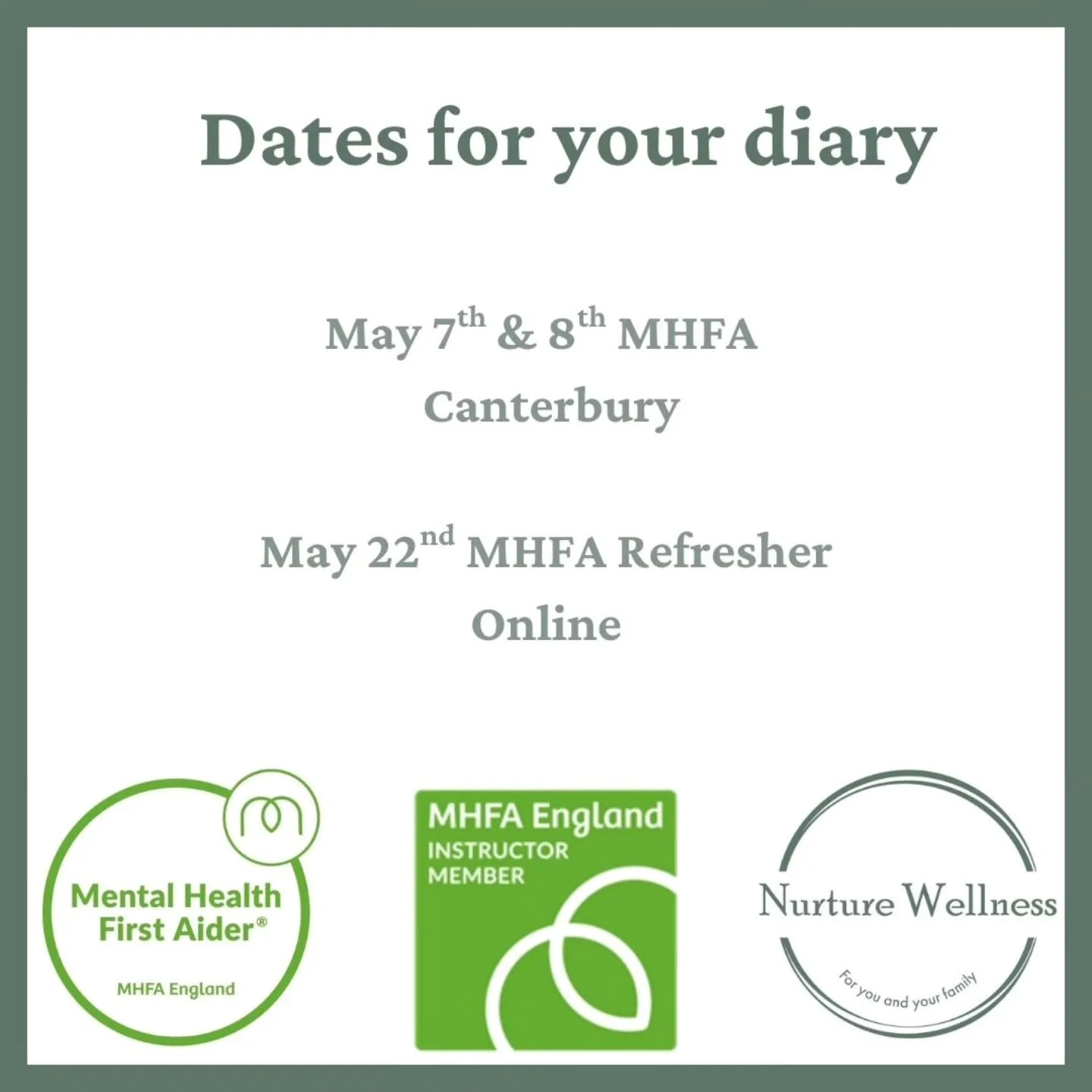Are you looking to attend a Mental Health First Aid course?

Or are you already a MHFAider but need to refresher your skills and knowledge? 

We have both courses running in May, our MHFA course is at the Ann Robertson Centre in Canterbury and our Re
