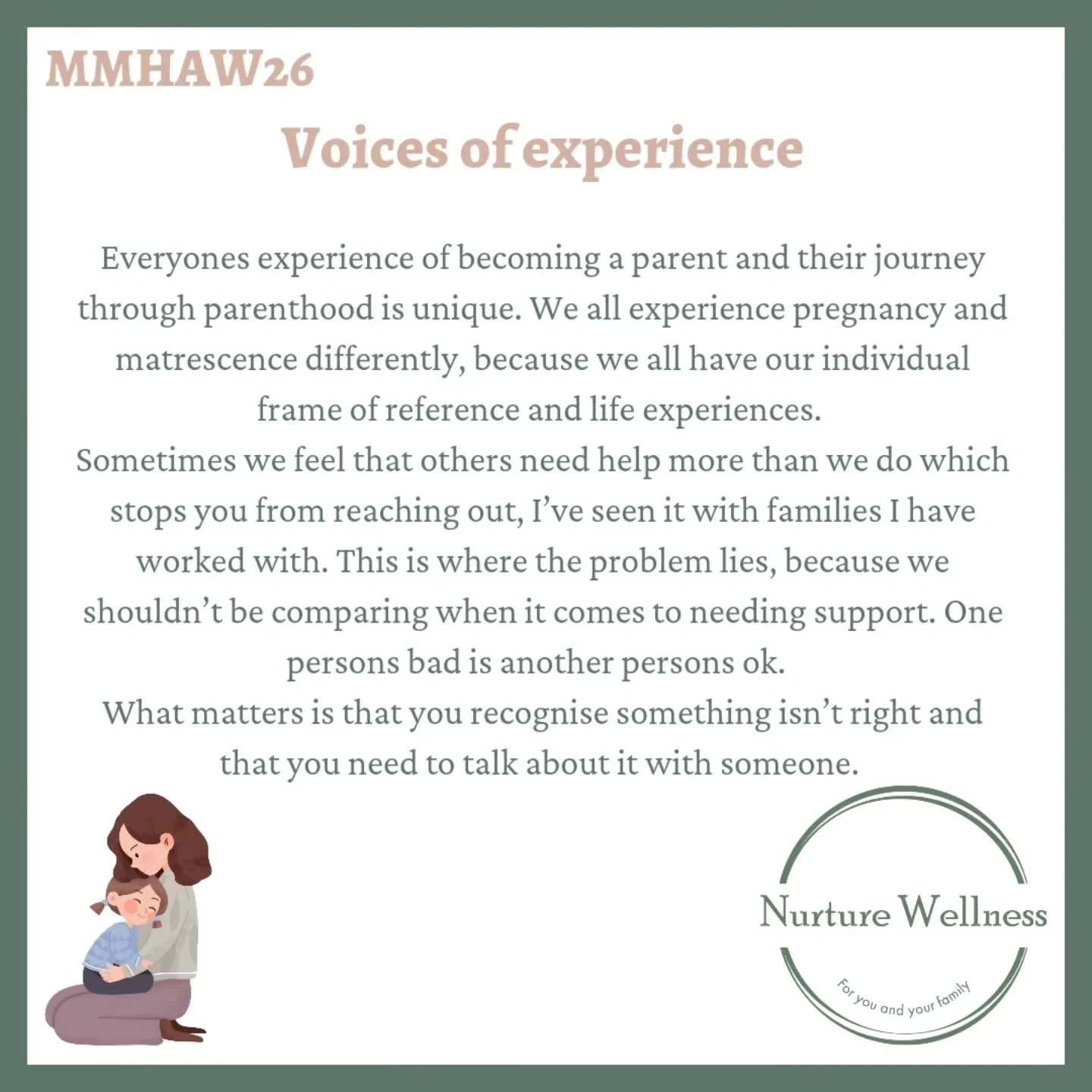 Maternal Mental Health Awareness Week 2026 Day 2 : Voices of experience. 

Each parent has their own experiences as a parent, we are all different, our babies are different, baby number 1, 2 and 3 are all different. 

We all have different experience