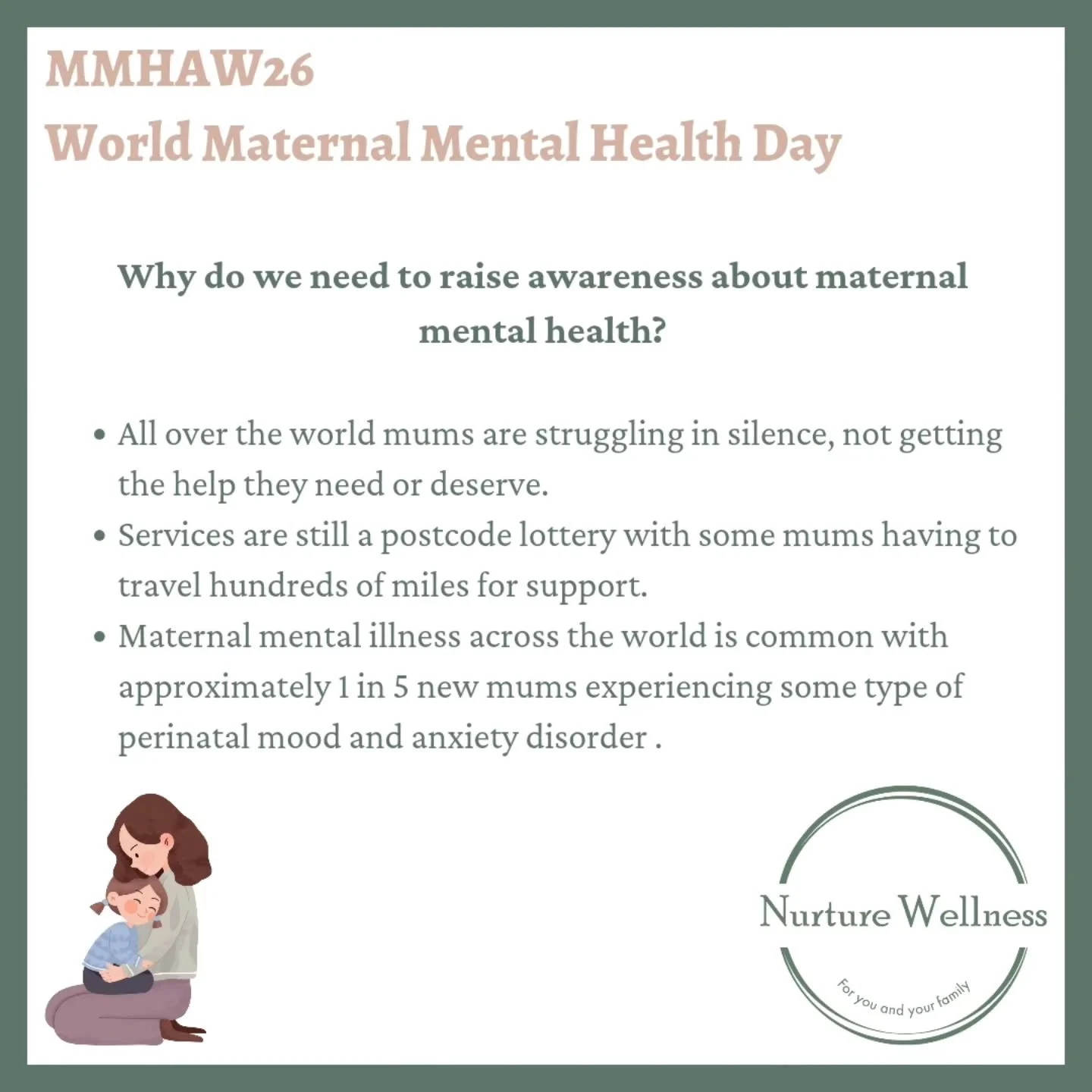 Day 3 of Maternal Mental Health Awareness Week 2026 and today is also World Maternal Mental Health Day. 

So why do we have these awareness days and weeks? Because a mums mental health impacts many areas of their life. How they parent, how they go ab