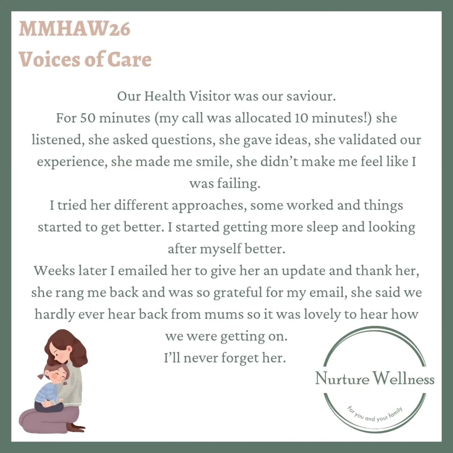 Maternal Mental Health Awareness Week Day 4. Voices of care. 

There are so many amazing services out there that go above and beyond to help mums and families. 

Which services have helped you? 

Our Health Visitor was the professional who made a dif