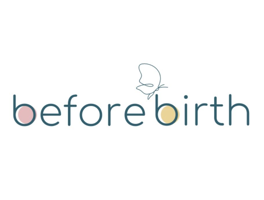 Logo for 'before birth' featuring a minimalist butterfly illustration and letters with colored dots above the 'b' in 'before' and the 'i' in 'birth'.