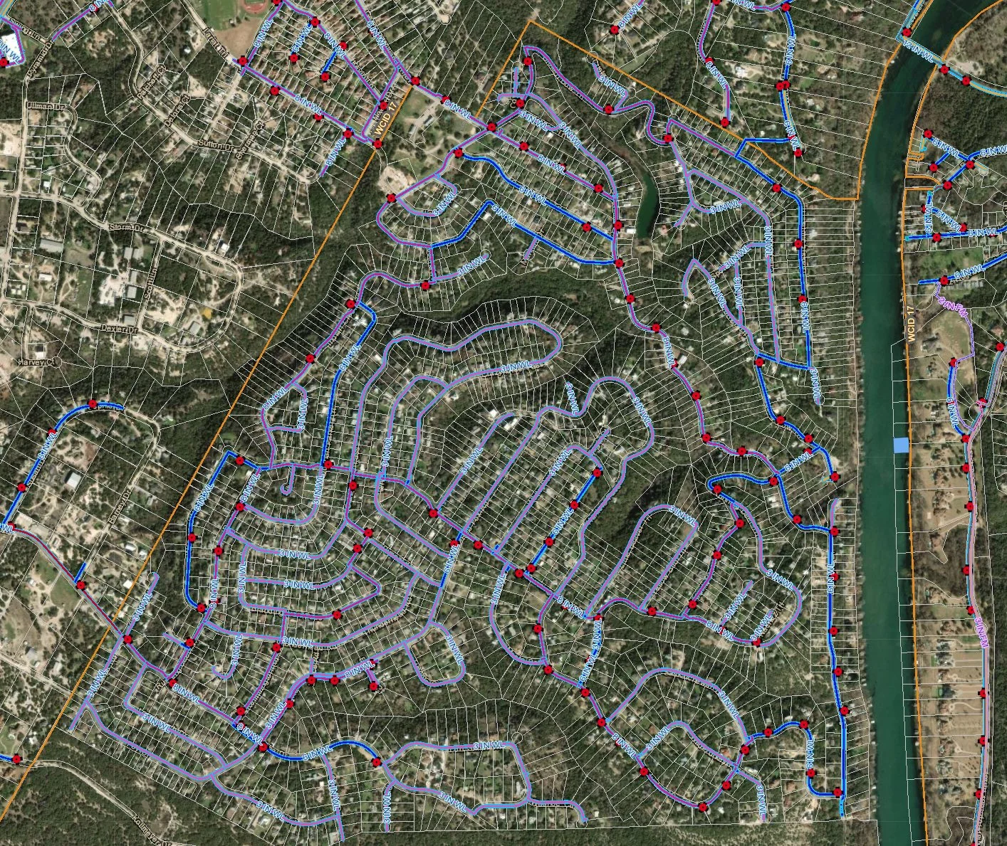 WCID 17 GIS Map of Apache Shores showing water lines and fire hydrants.