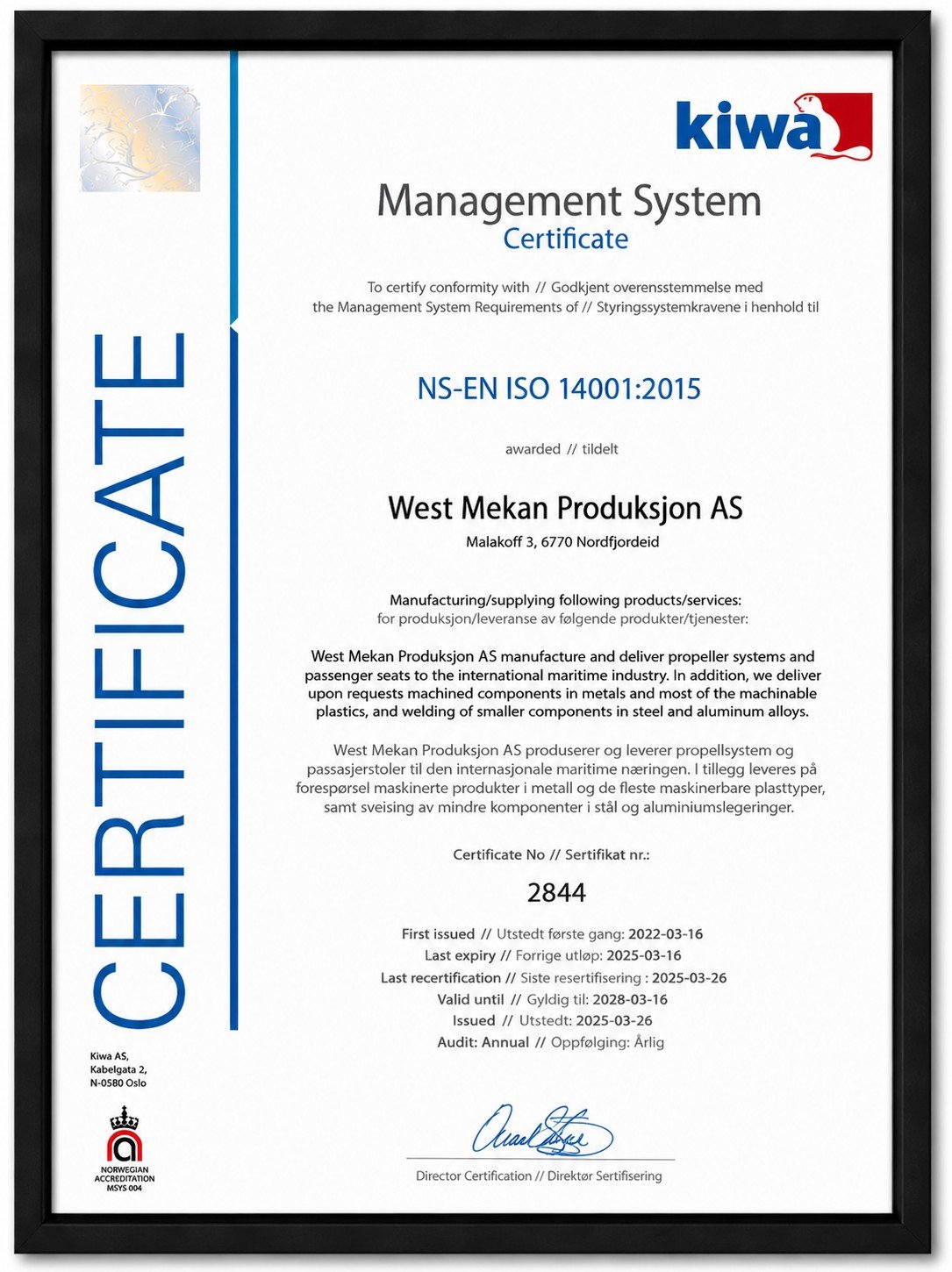 Frame of a certificate awarded to West Mekan Produksjon AS for compliance with NS-EN ISO 14001:2015, issued by Kiwa, with Norwegian and English text, signatures, and a logo in the top right corner.