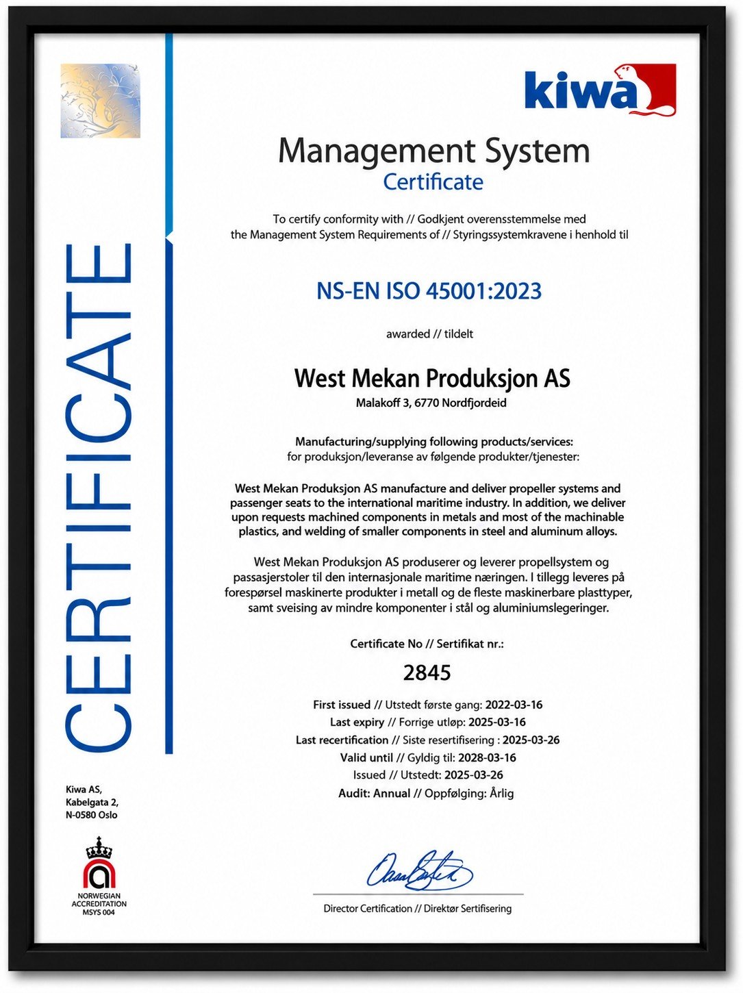 Certification certificate from Kiwa for West Mekan Produksjon AS, valid until 2028, issued in 2025, with Norwegian and English text, featuring a blue vertical 'CERTIFICATE' banner, a logo of Kiwa, and an ornate crest at the bottom left.