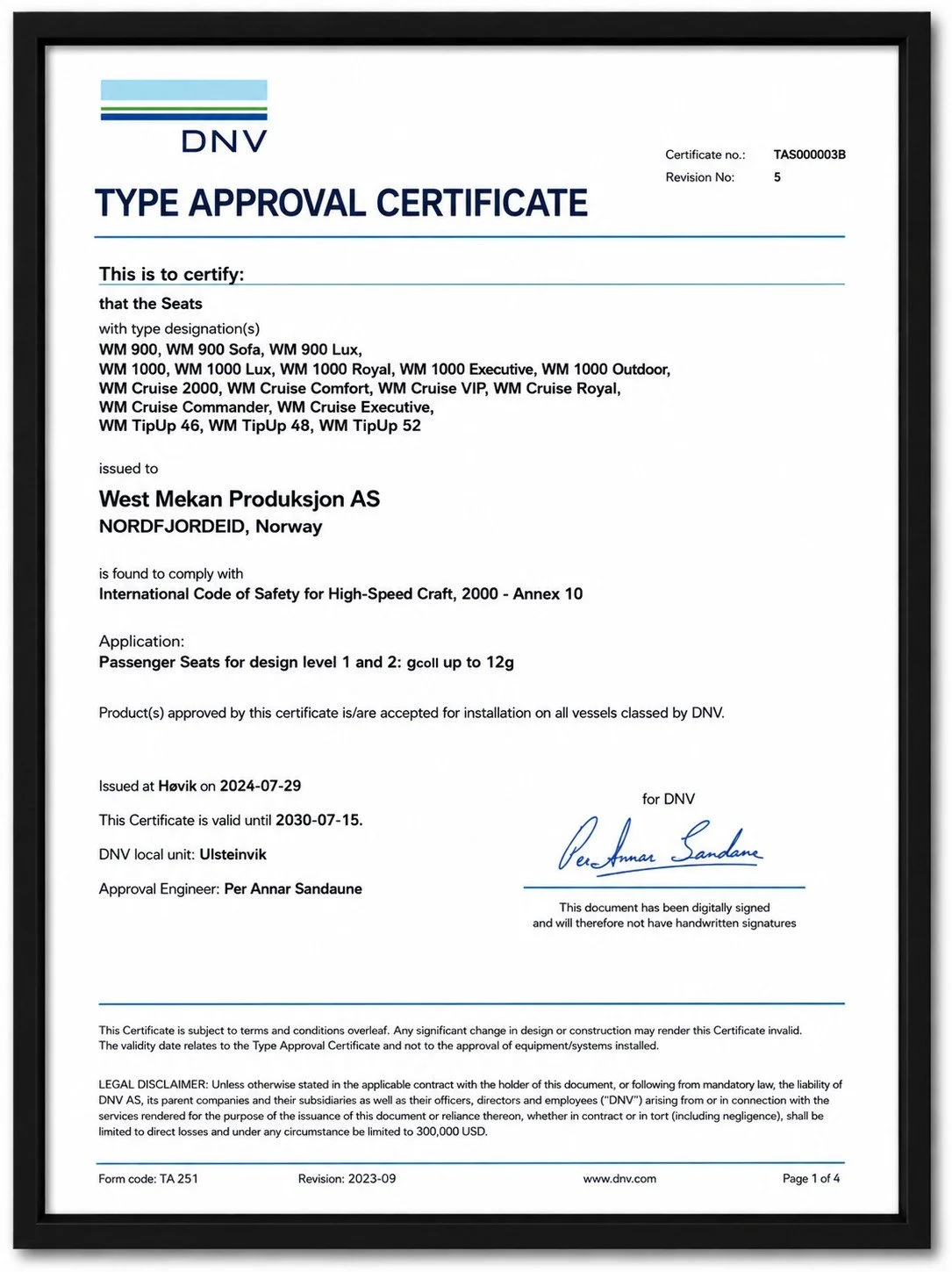 A DNV Type Approval Certificate issued to West Mekan Produksjon AS in Norway, valid until 2030. The certificate certifies compliance for various passenger seat models for high-speed vessels.
