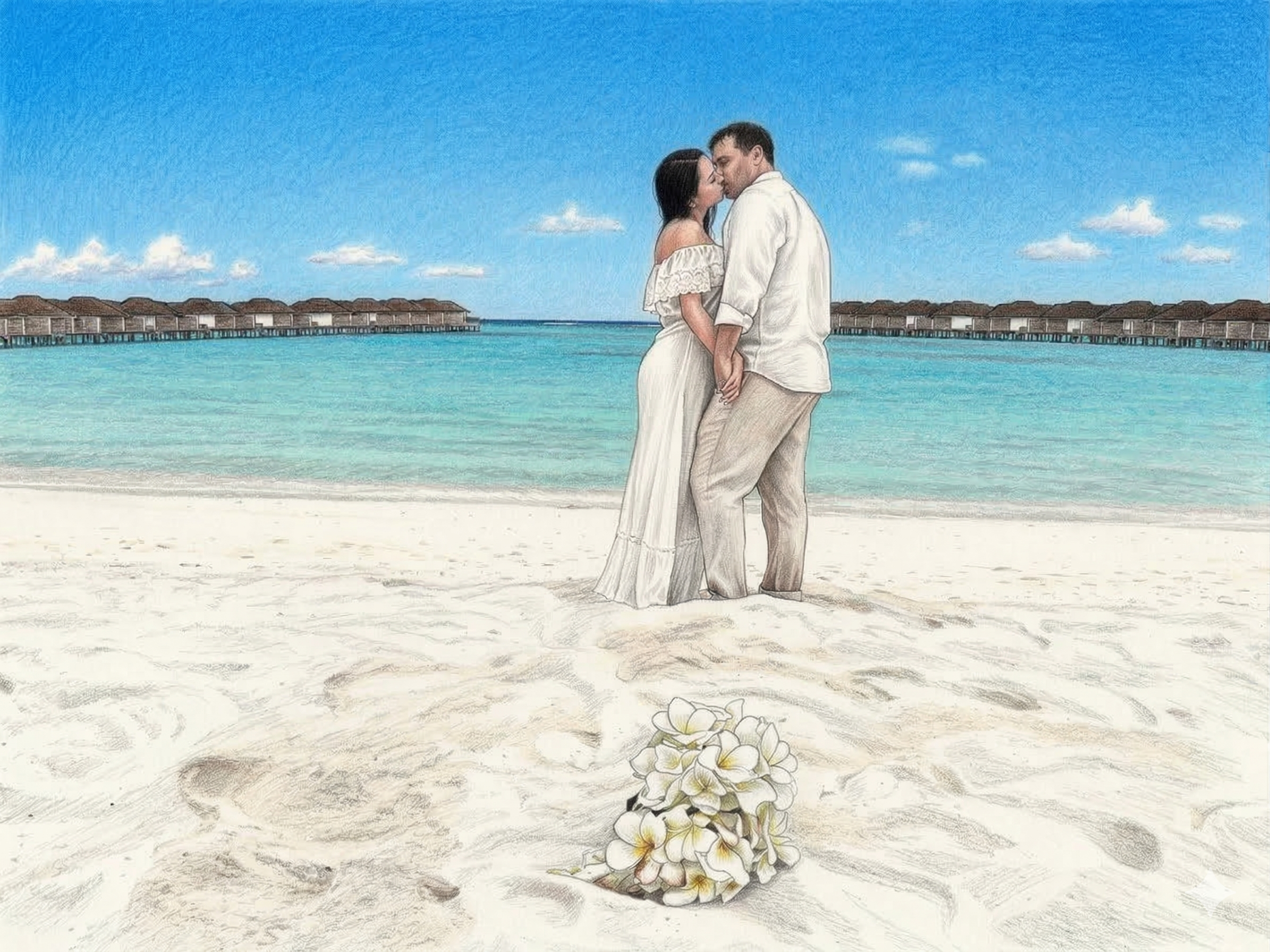 A couple dressed in casual white clothing kissing on a beach with a bouquet of white flowers in the sand in the foreground and overwater bungalows in the background.