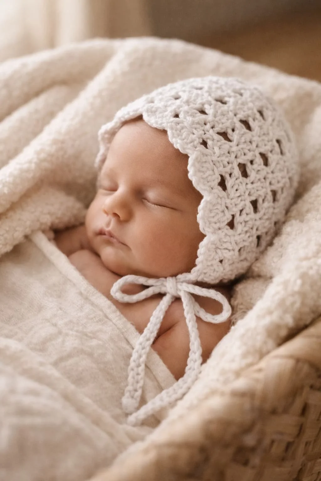 A sleeping baby wrapped in a soft cream blanket, wearing a crocheted hat with a bow.
