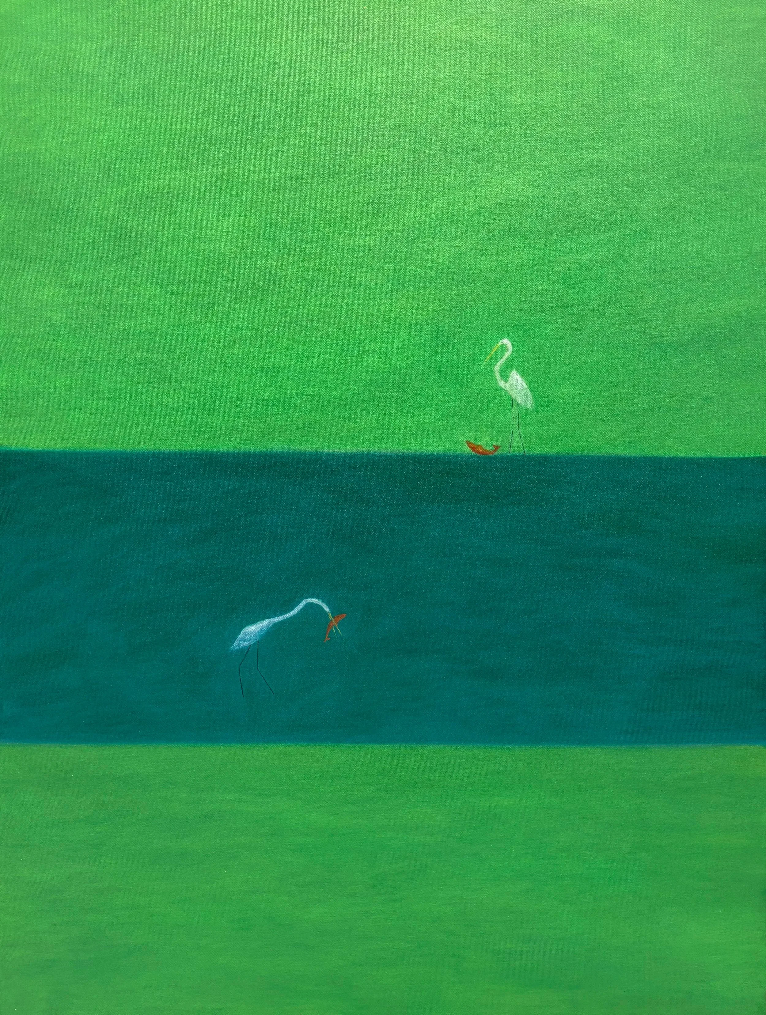 Painting of Egrets and fish on green