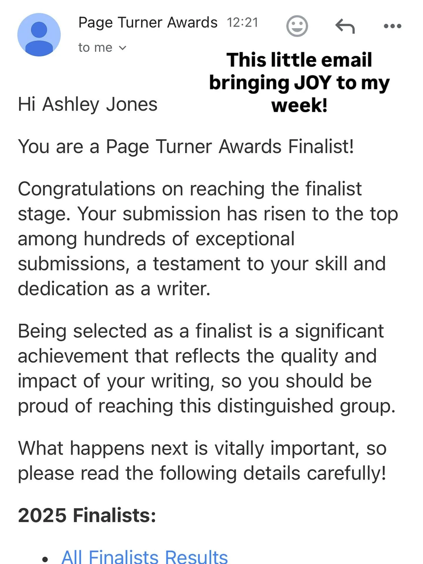 Blinking delighted to be selected as a finalist for the 2025 Page Turner Writing Award! 

#pageturnerawards2025 #querying