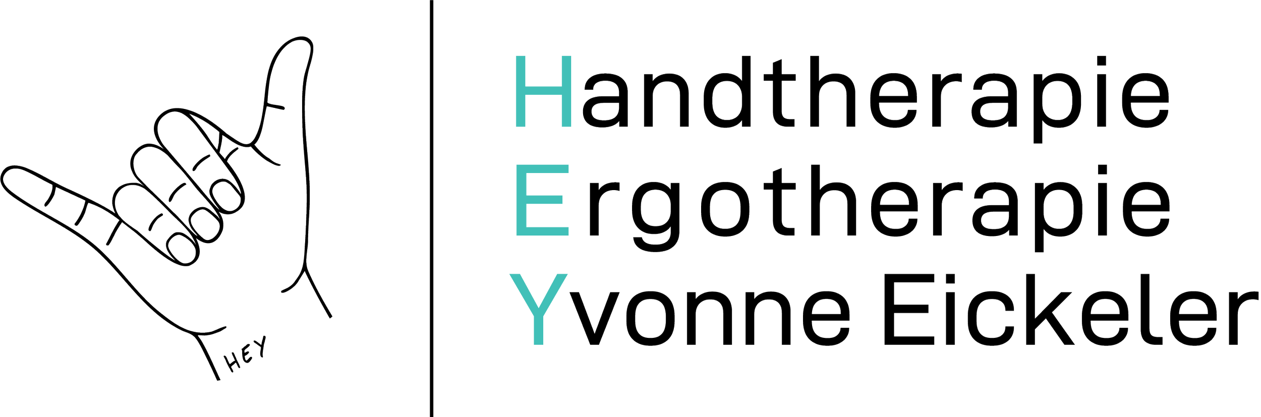Logo featuring a black and white line drawing of a hand giving a thumbs-up with the word "HEY" on the wrist. To the right, the words "Handtherapie Ergotherapie Yvonne Eickeler" are written, with the letters H, E, E, and Y highlighted in turquoise.