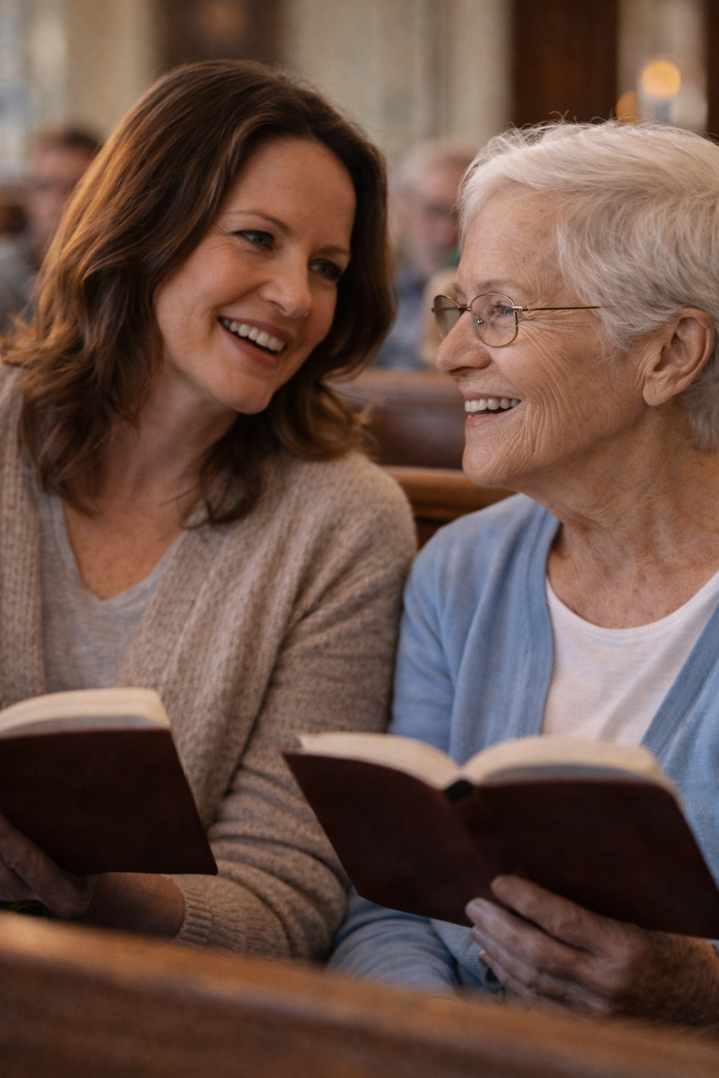 A younger woman and an elderly woman are sitting together in a church pew, smiling and looking at each other while holding open books, possibly hymnals or prayer books.