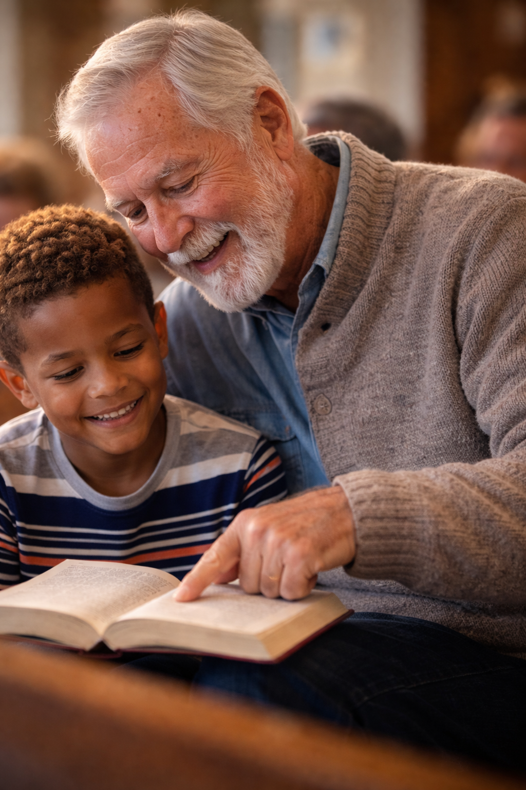 An elderly man with white hair and beard sharing a joyful moment with a young boy while reading a book together.