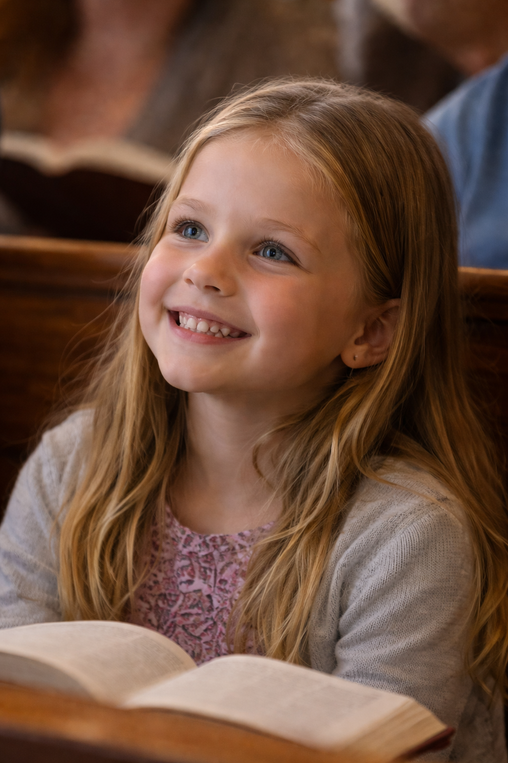 A young girl with long red hair and blue eyes smiling while sitting in a church pew with an open book in front of her.