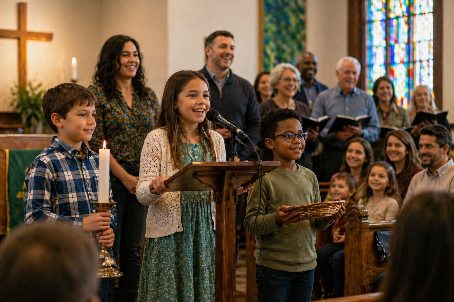 Children and adults inside a church during a service or event, with three kids at the front, one holding a candle, one speaking at a podium, and another holding a basket, while a choir and congregation sing in the background.