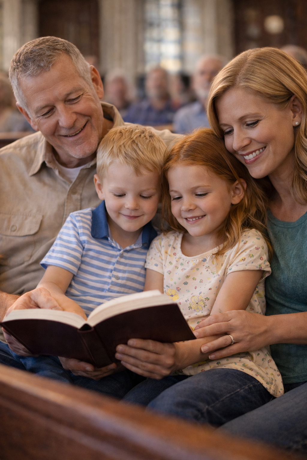 A family of four, including an elderly man and woman, sitting in a church pew, reading a book together and smiling.