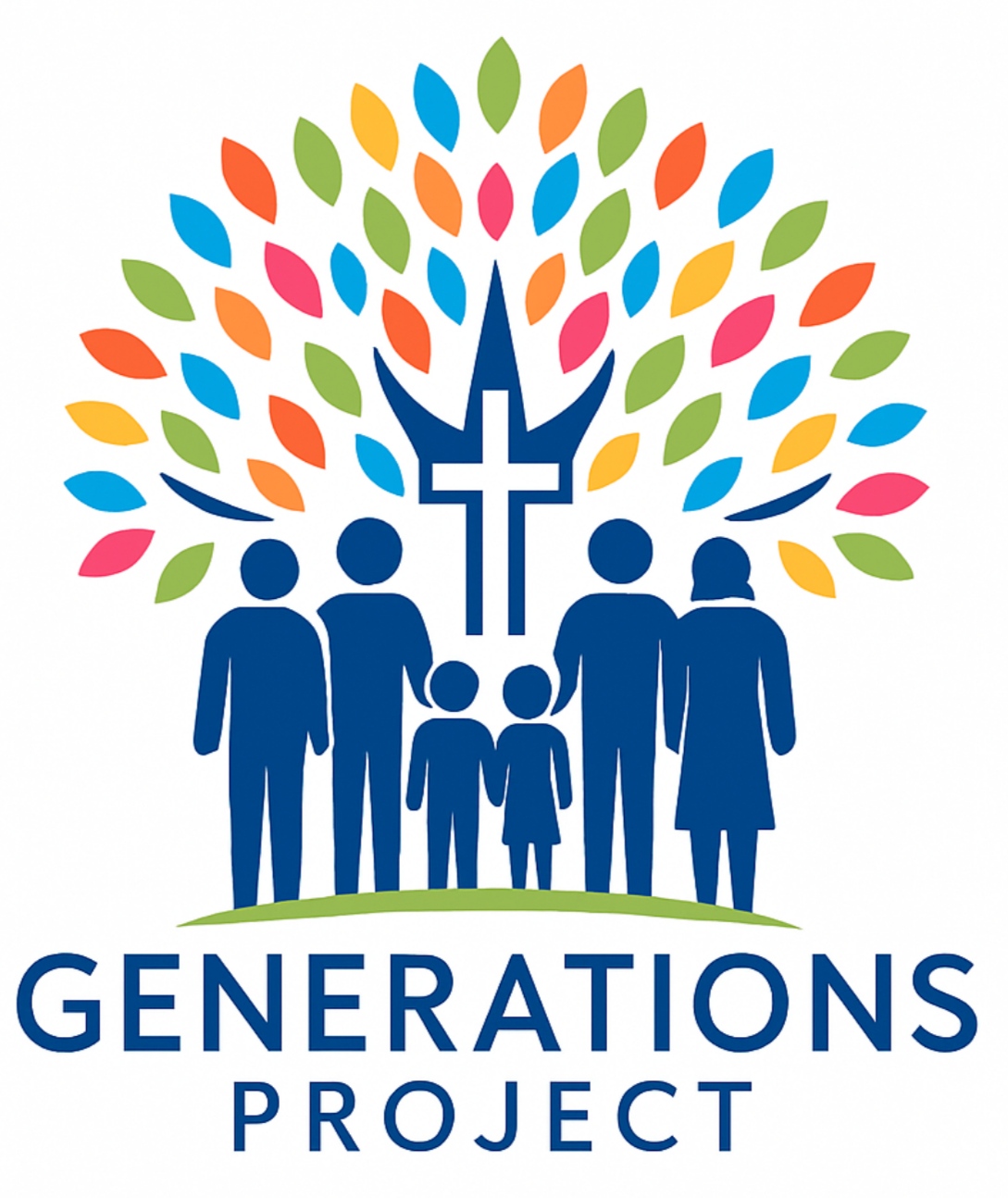 Logo for the Generations Project showing a family of six people, with a tree made of colorful leaves and a cross at the center, symbolizing faith and family unity.